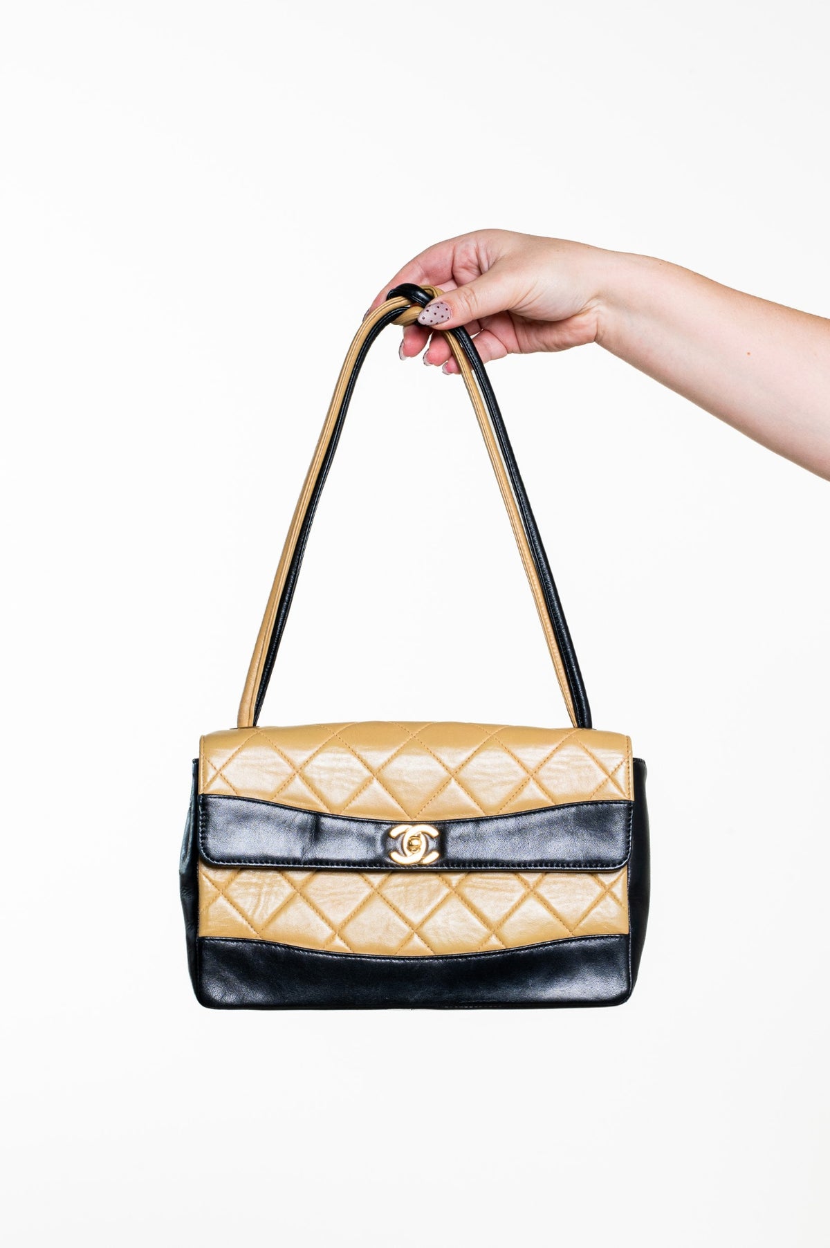 Beige and Black Vintage Medium Lambskin Matelasse Bag
