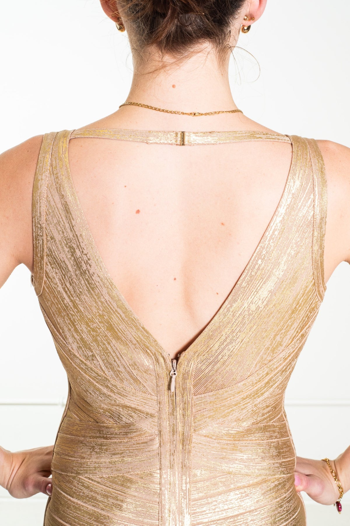Gold Metallic Gold Foil V-Neck Bandage Dress