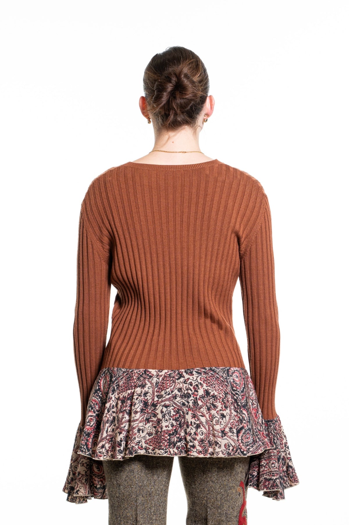 Brown Ribbed Sweater w/ Floral Ruffle Bottom Detail