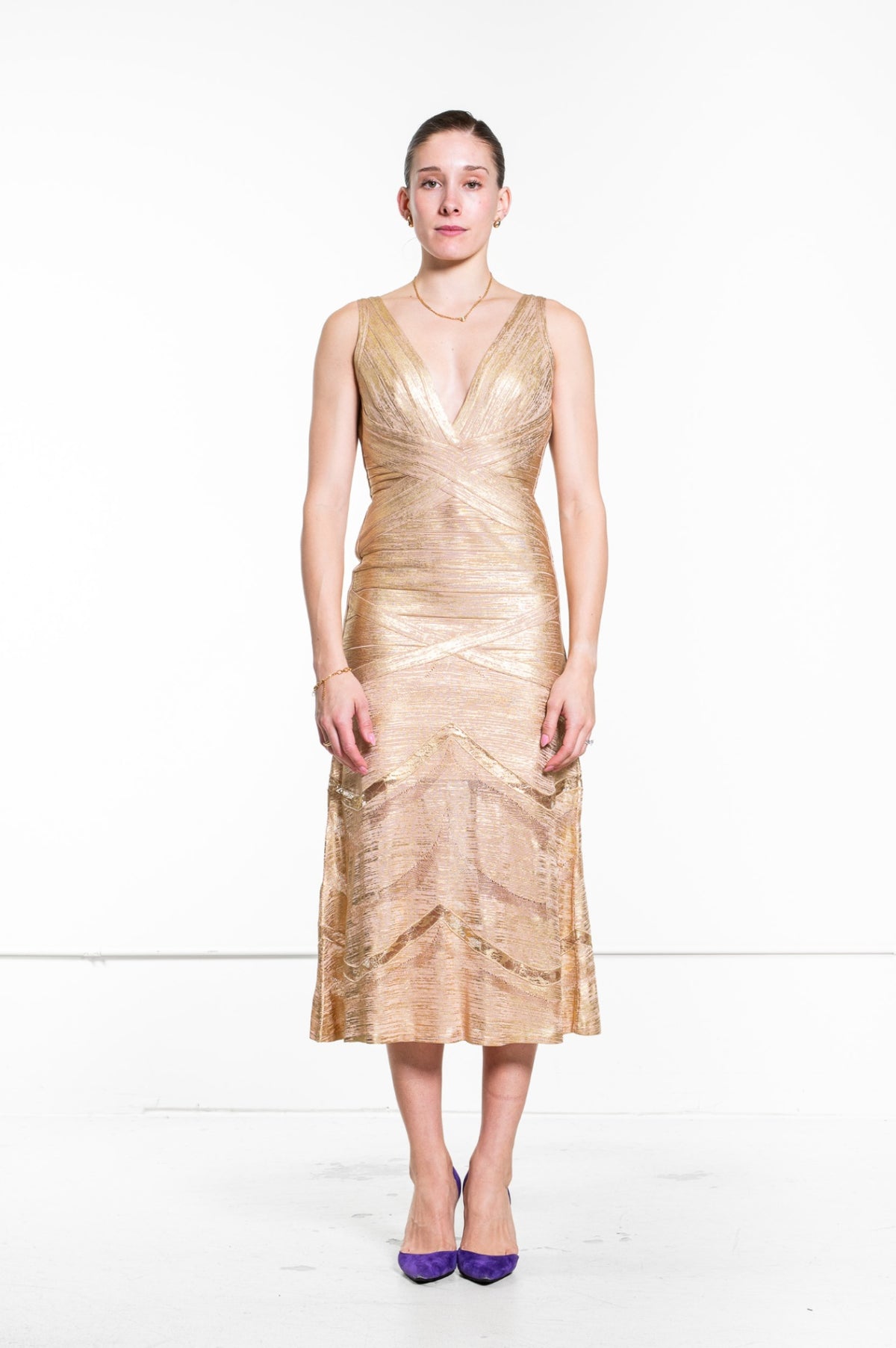 Gold Metallic Gold Foil V-Neck Bandage Dress