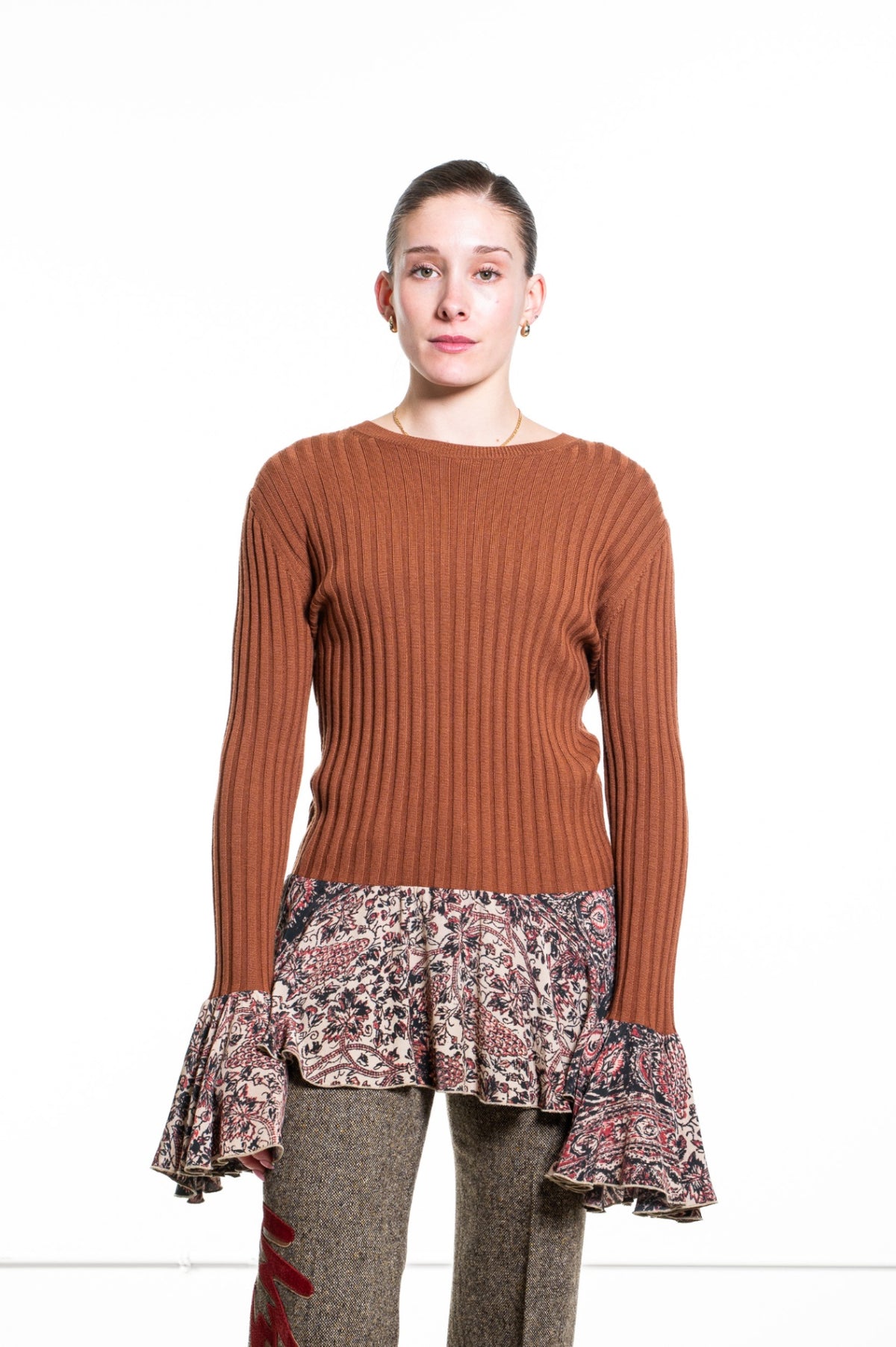 Brown Ribbed Sweater w/ Floral Ruffle Bottom Detail