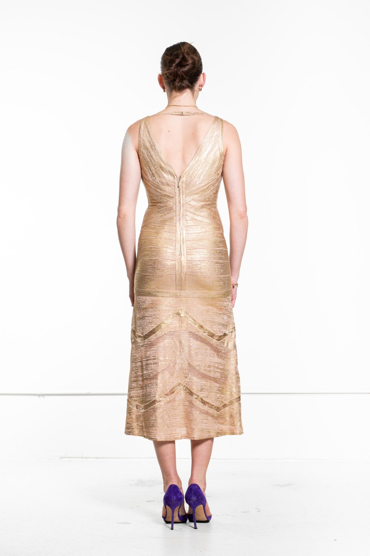 Gold Metallic Gold Foil V-Neck Bandage Dress