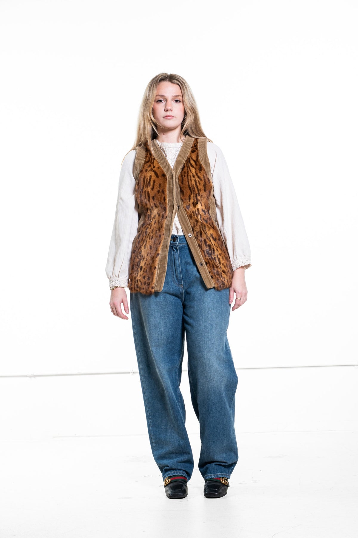 Brown Vintage Knit Vest w Leopard Print Fur Panels