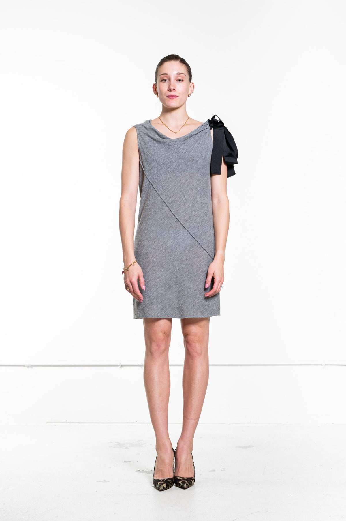 Grey Cashmere Mini Dress w/ Ribbon Strap Detail