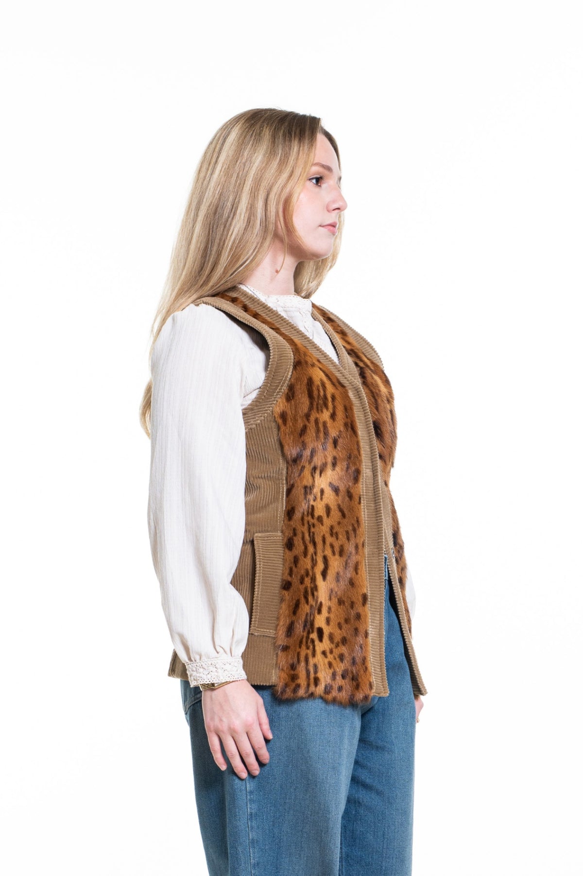 Brown Vintage Knit Vest w Leopard Print Fur Panels