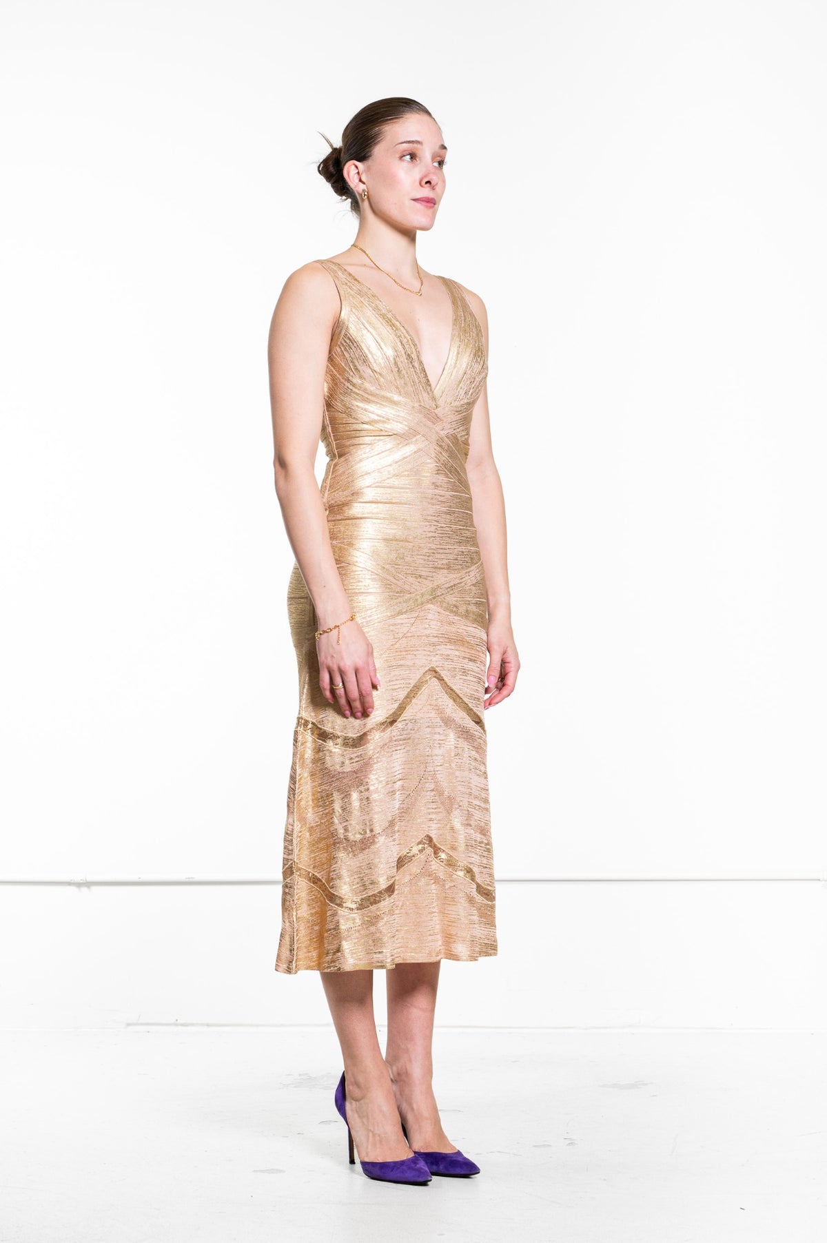 Gold Metallic Gold Foil V-Neck Bandage Dress