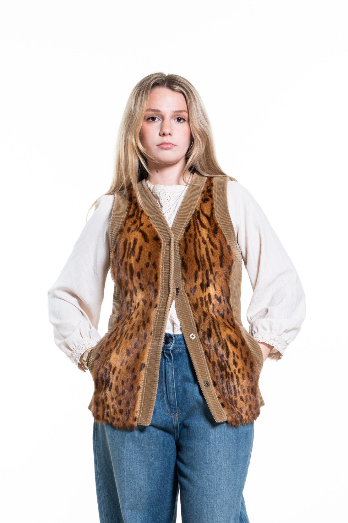 Brown Vintage Knit Vest w Leopard Print Fur Panels