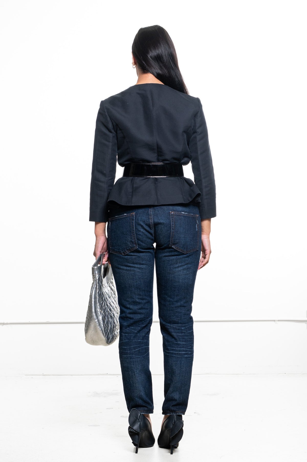 Gray Collarless Button-Front Peplum Jacket
