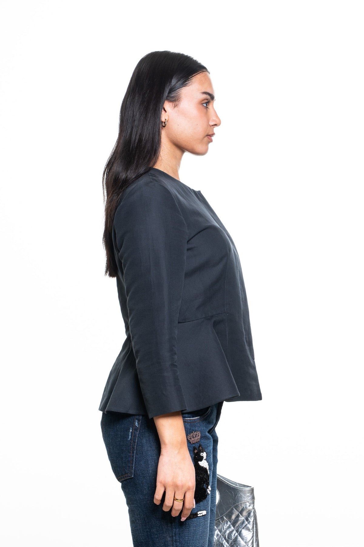 Gray Collarless Button-Front Peplum Jacket