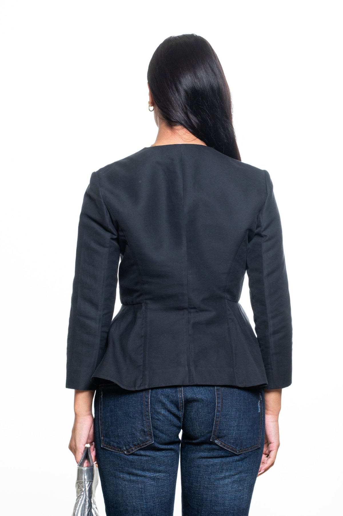 Gray Collarless Button-Front Peplum Jacket