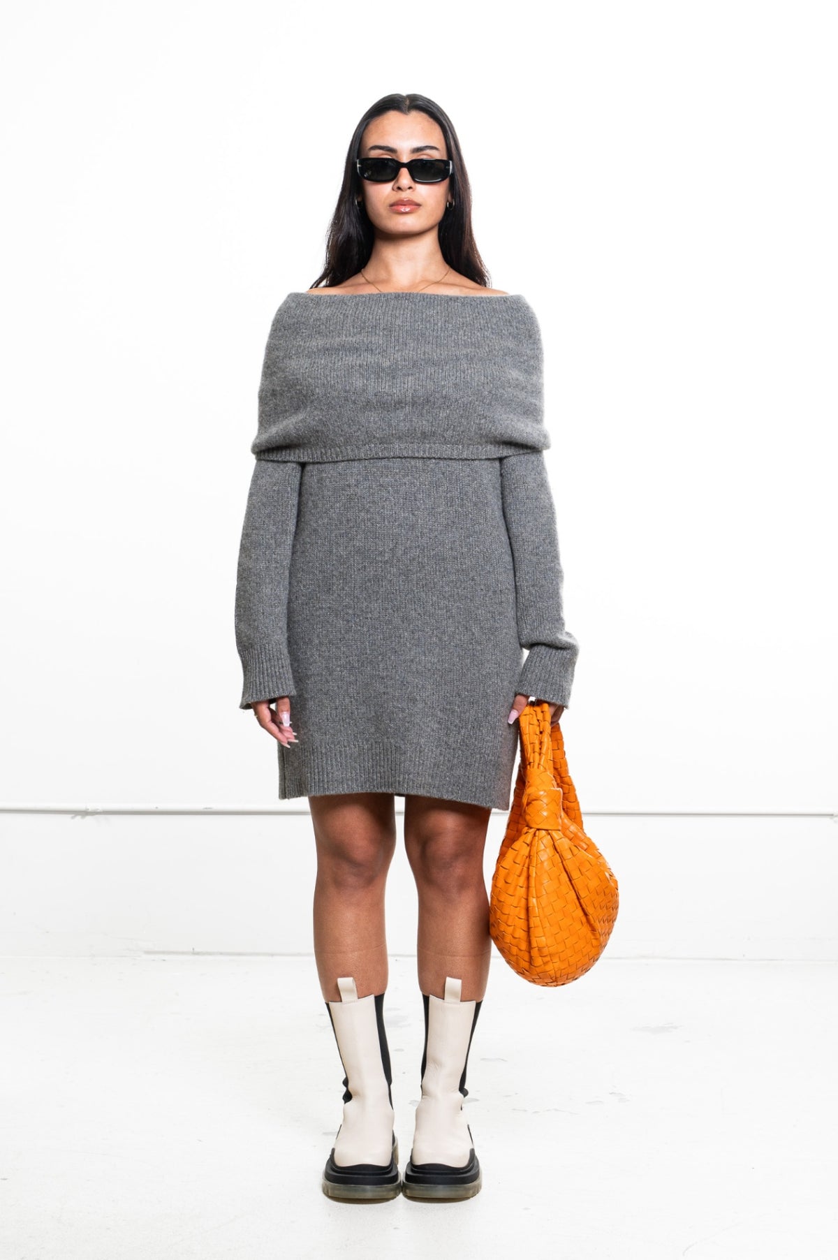 Gray Cowl Neck Sweater Dress