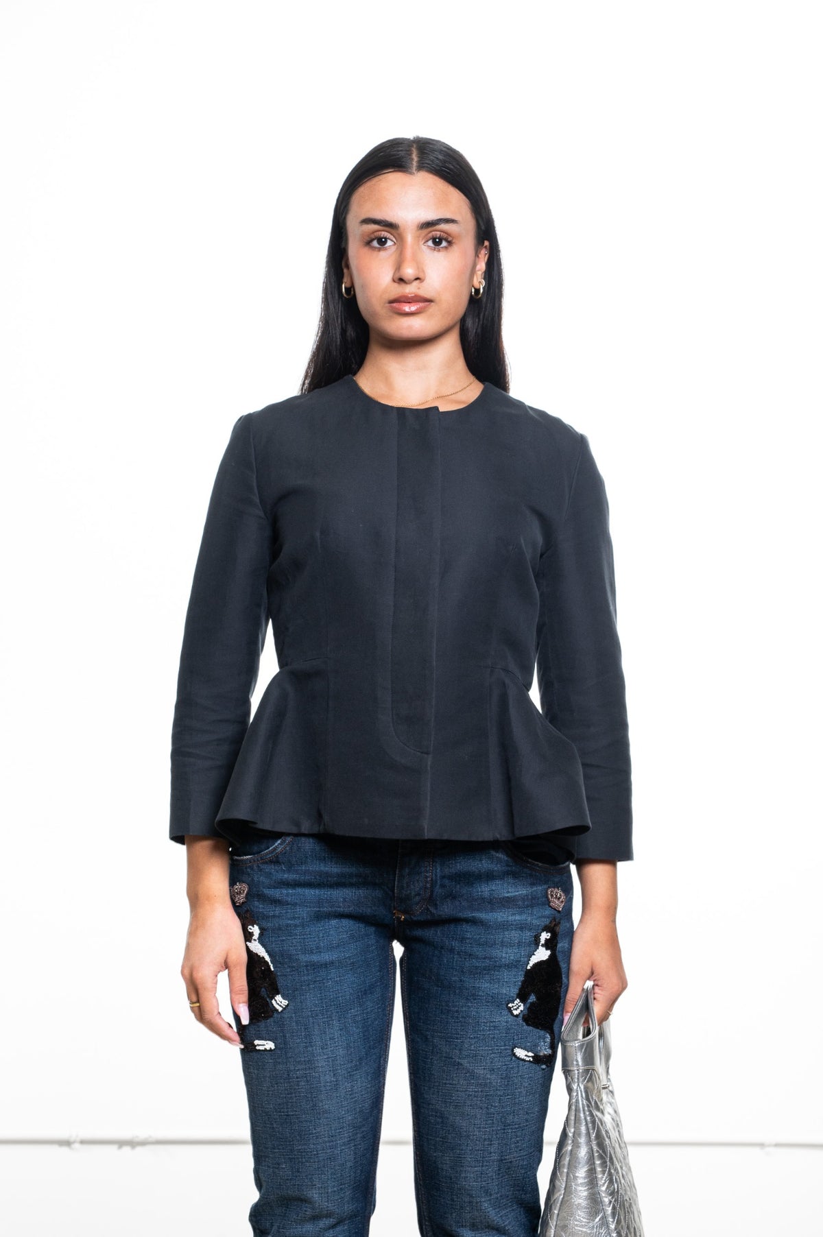 Gray Collarless Button-Front Peplum Jacket