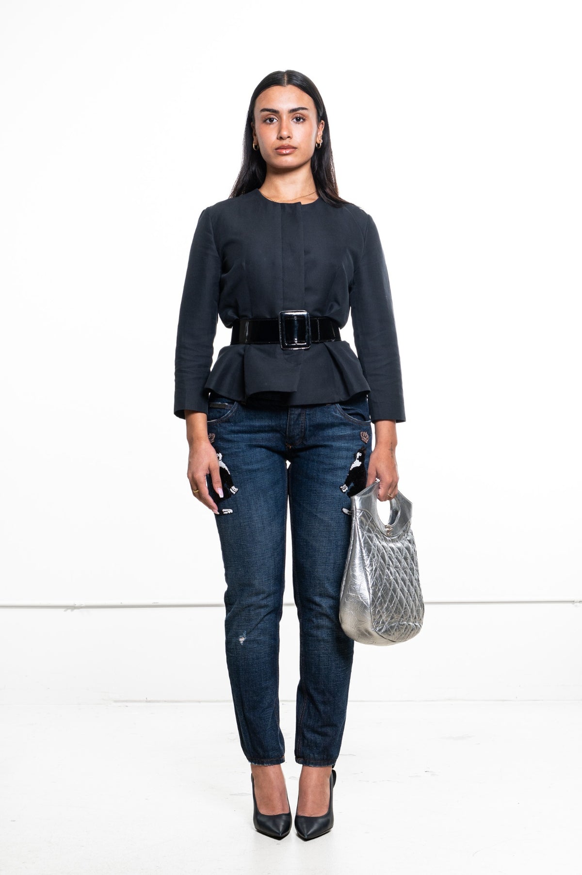 Gray Collarless Button-Front Peplum Jacket