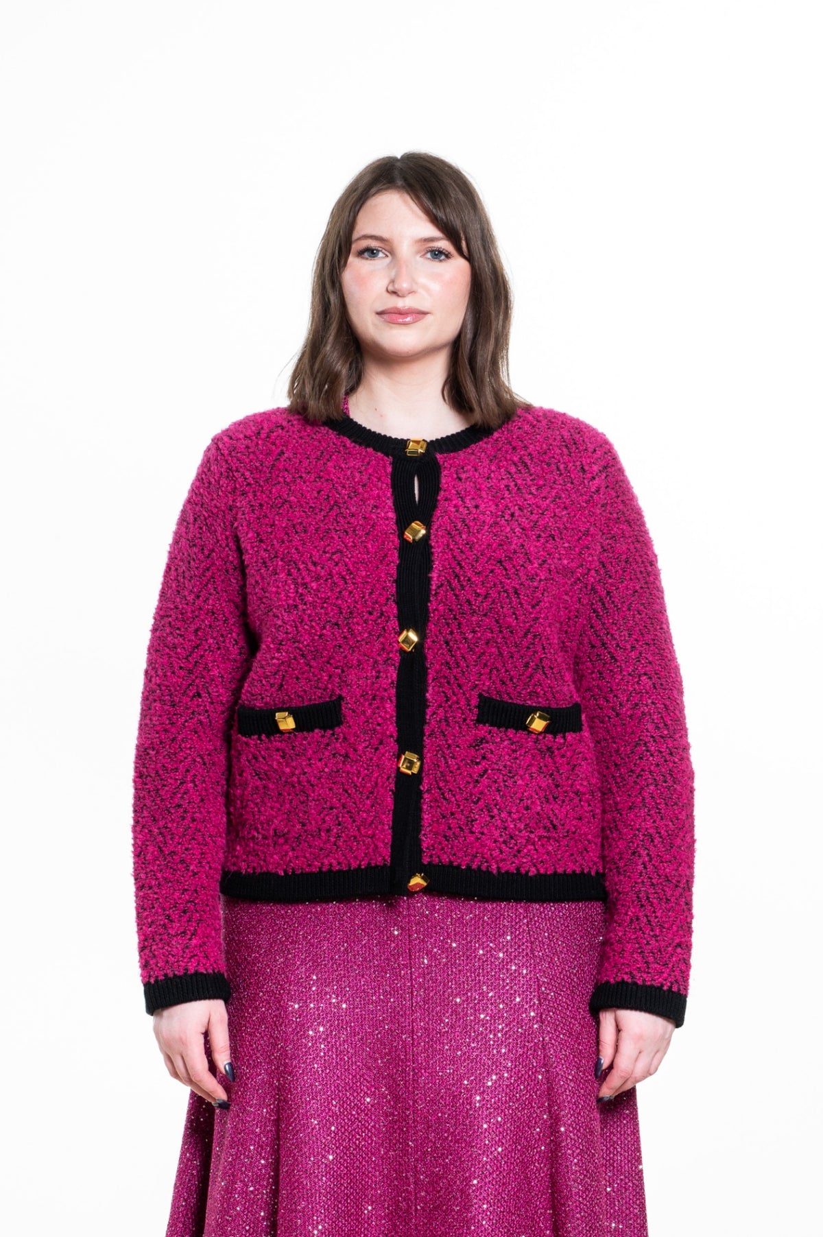 Pink and Black Textured Boucle Knit Cardigan