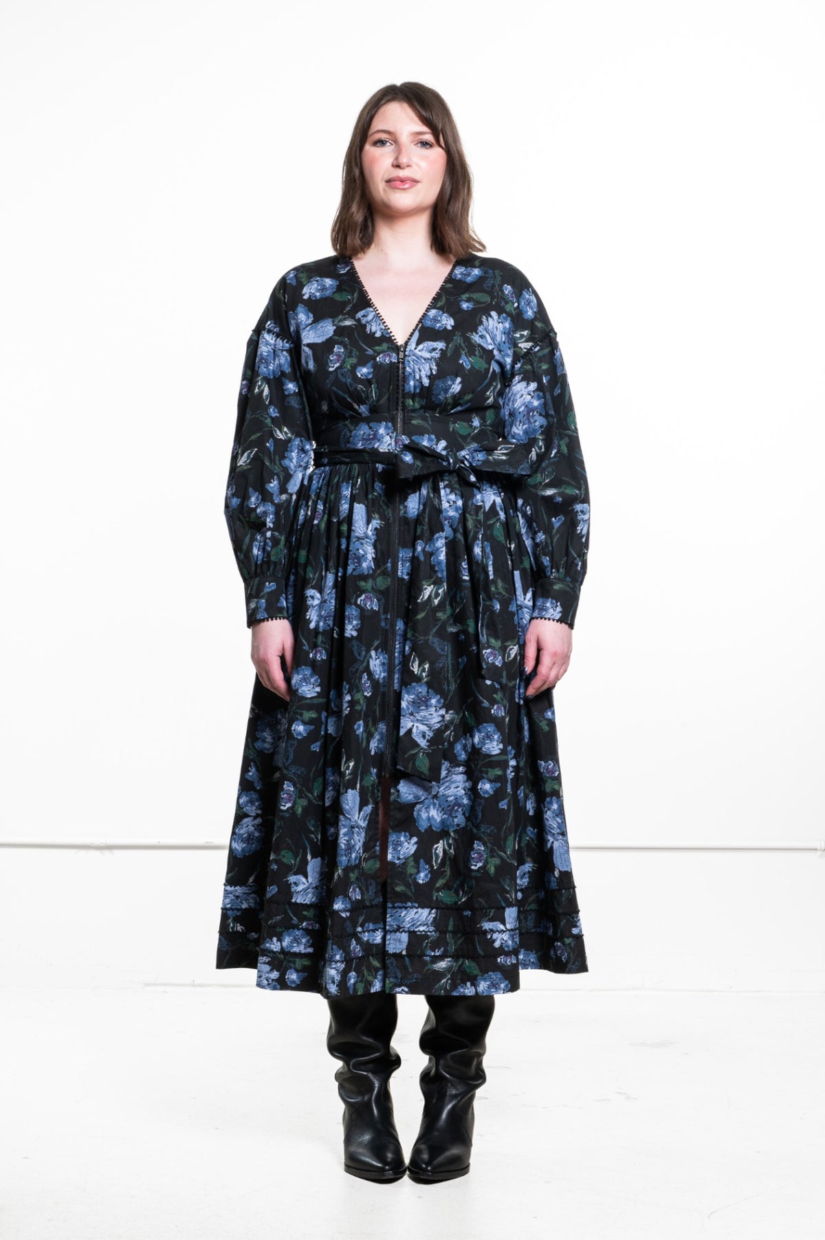 Black with blue floral pattern Midi Dress