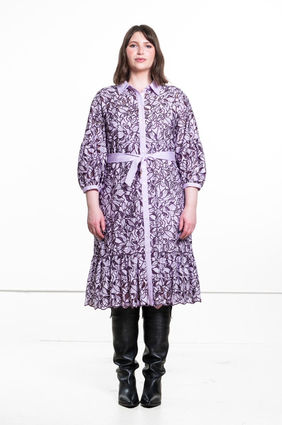 Lavender Tiered Floral-Print Button-Down Shirt Dress