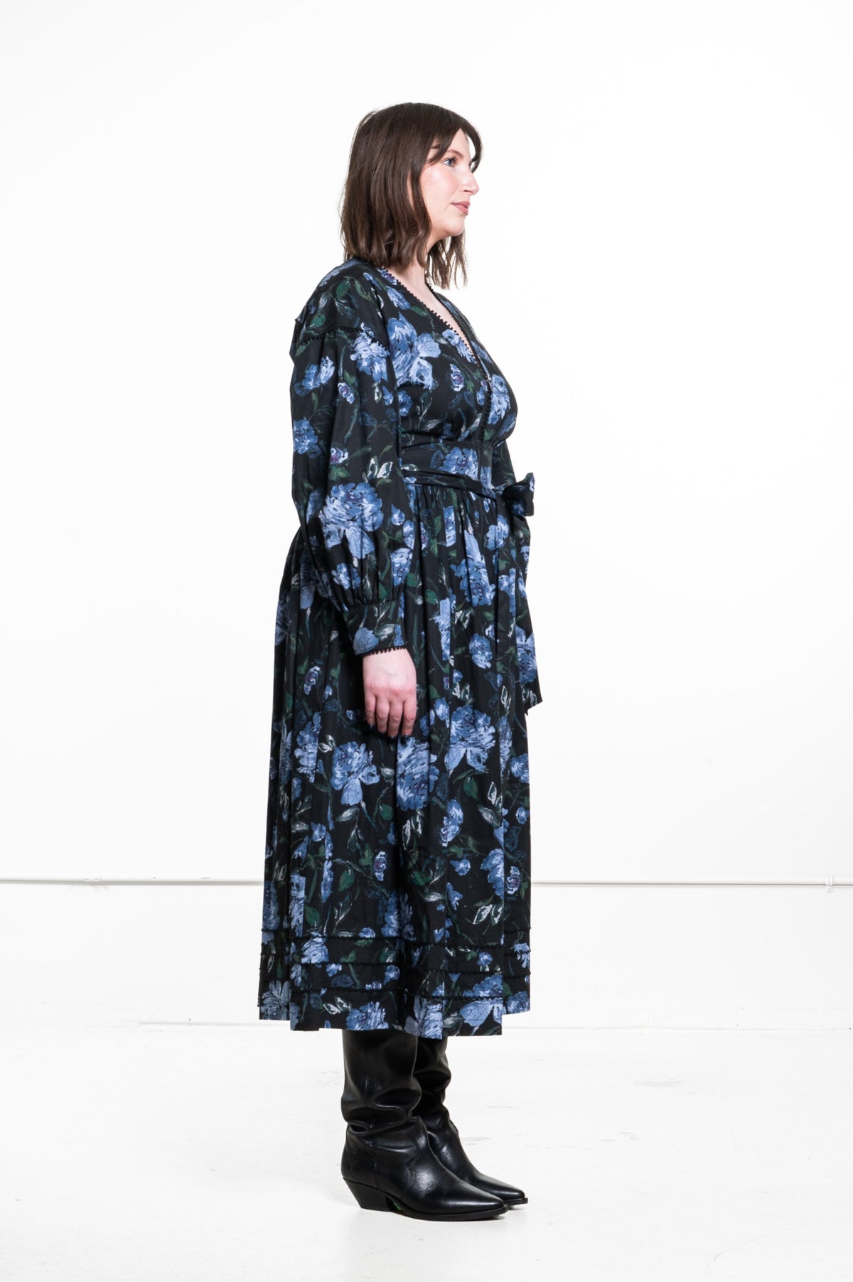 Black with blue floral pattern Midi Dress