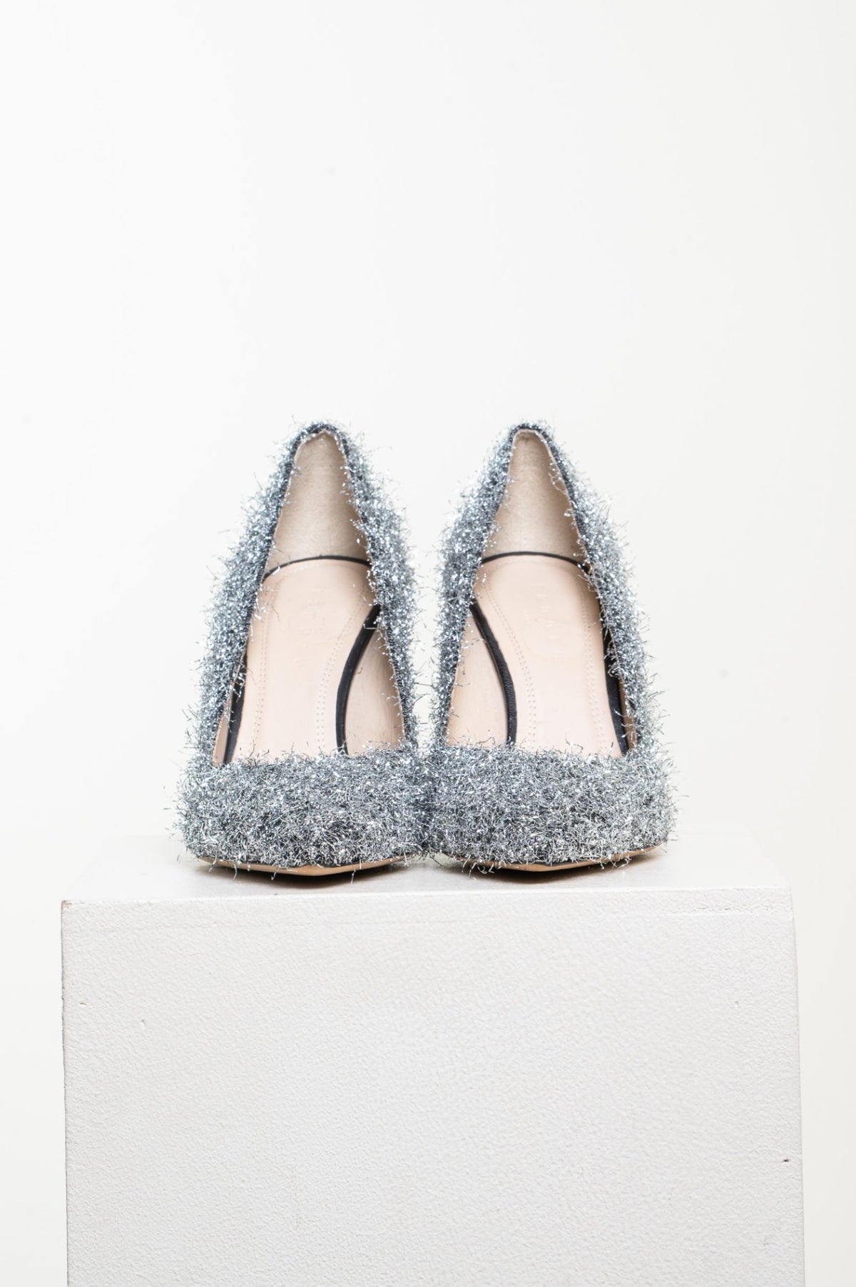 Silver "Daphi" Tinsel Trimmed Party Pumps