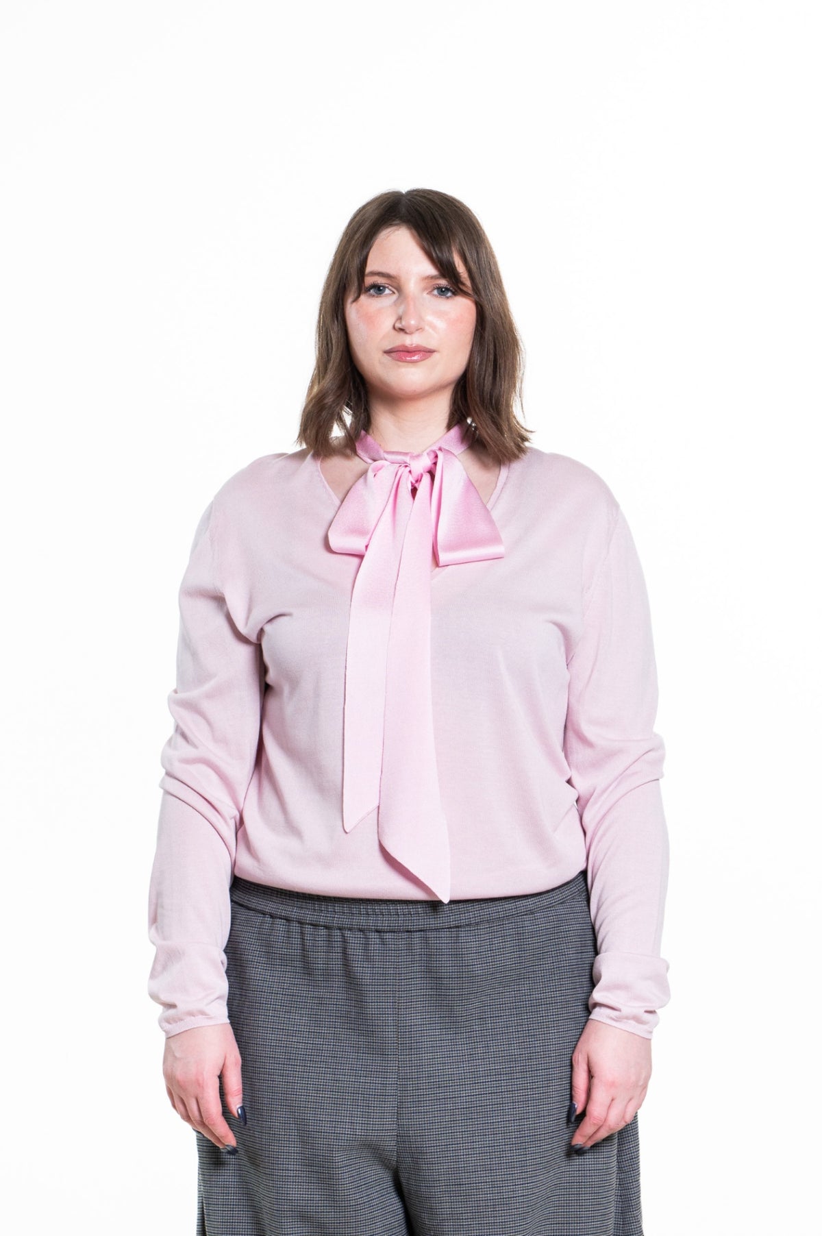 Pink Sheer V Neck Knit with Scarf