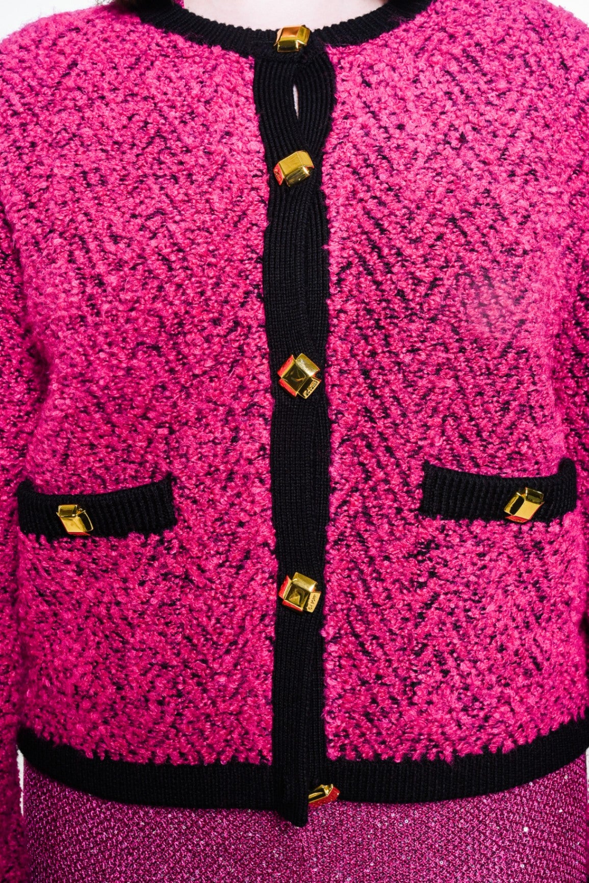 Pink and Black Textured Boucle Knit Cardigan