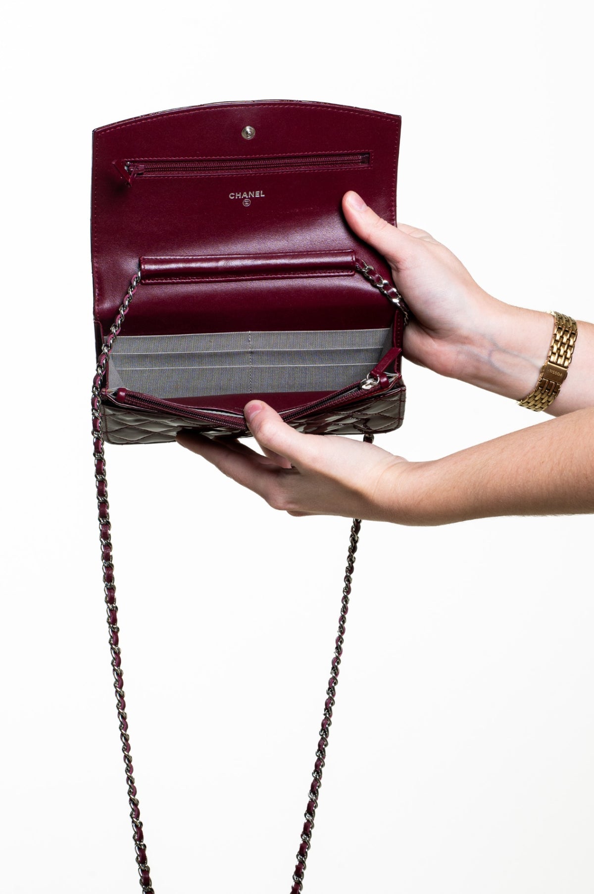 Burgundy Patent Brilliant Wallet On Chain