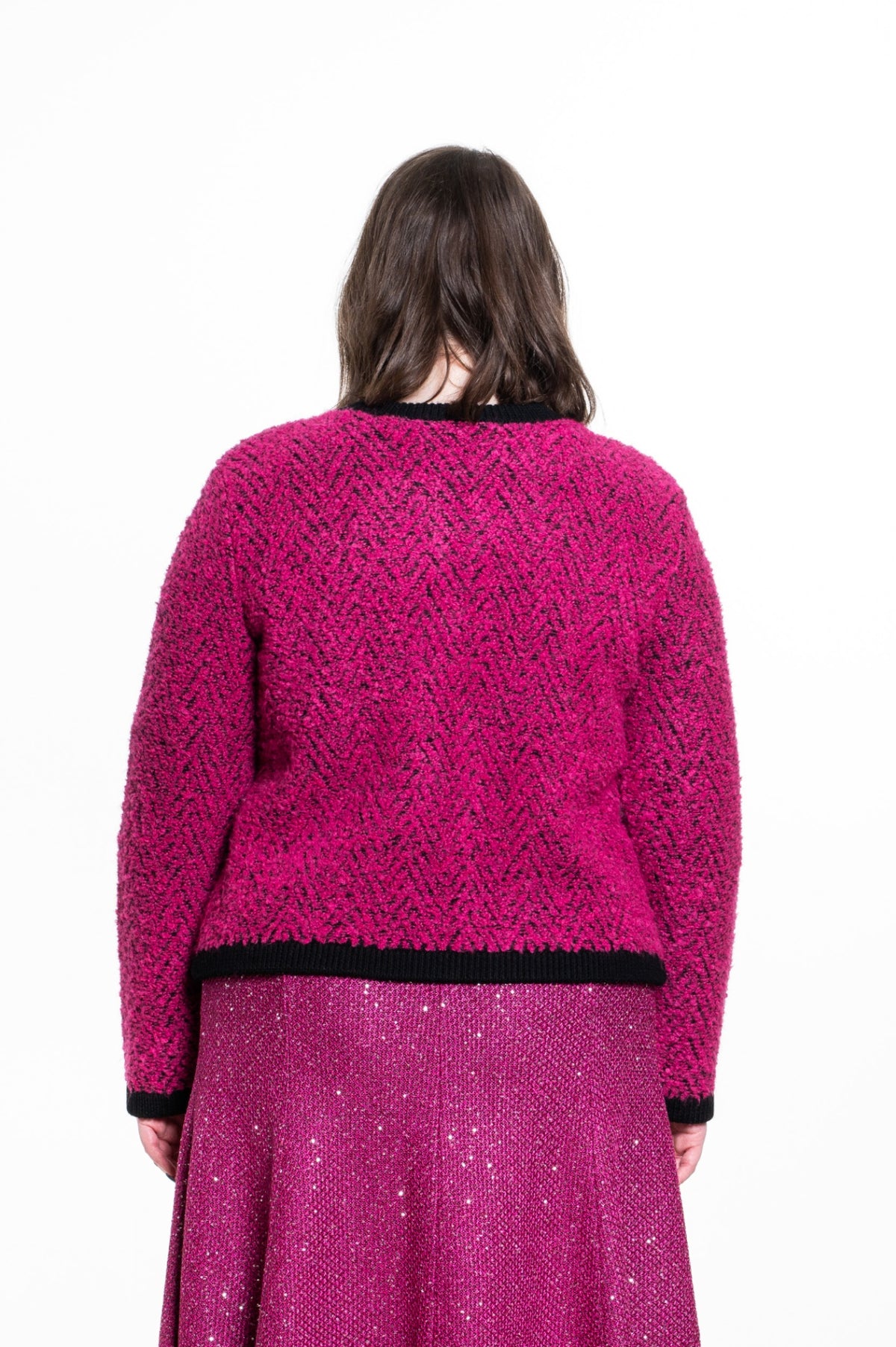 Pink and Black Textured Boucle Knit Cardigan
