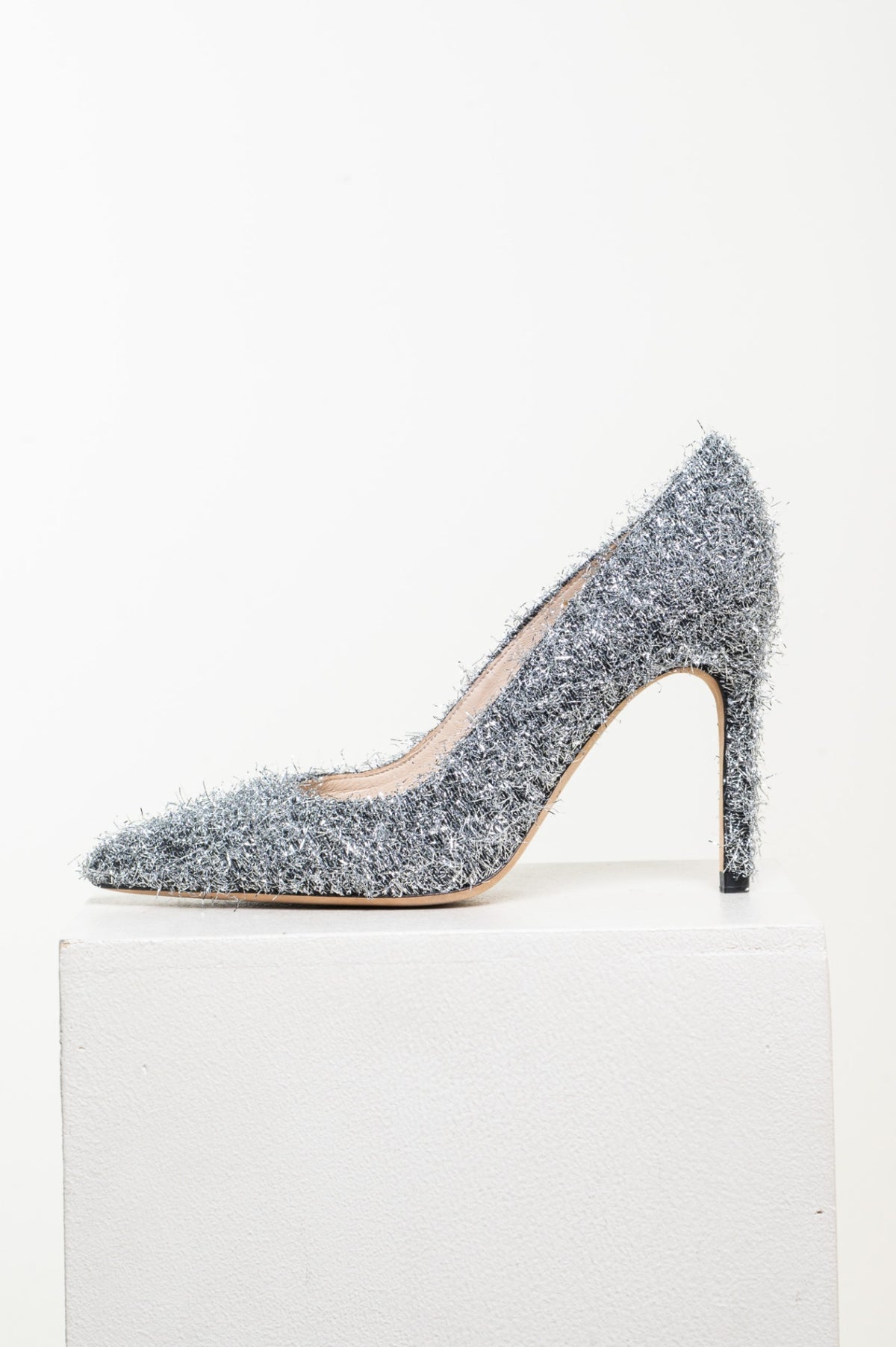 Silver "Daphi" Tinsel Trimmed Party Pumps