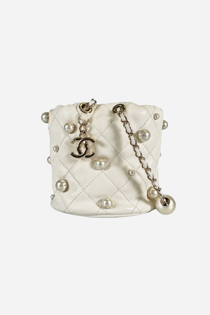 About Pearls White Leather Bucket Bag 21S