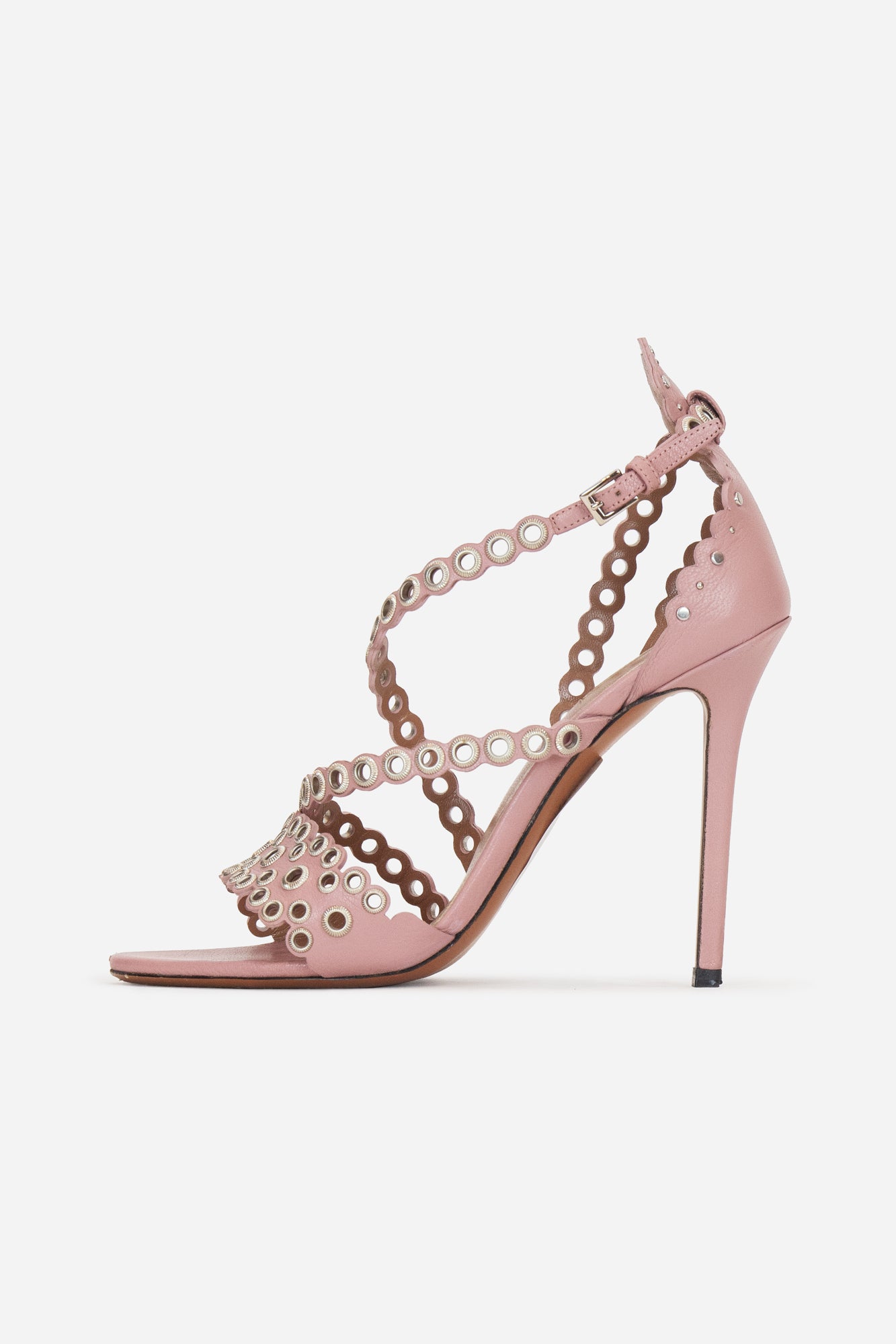 Pink Grommet Crisscross Leather Heels