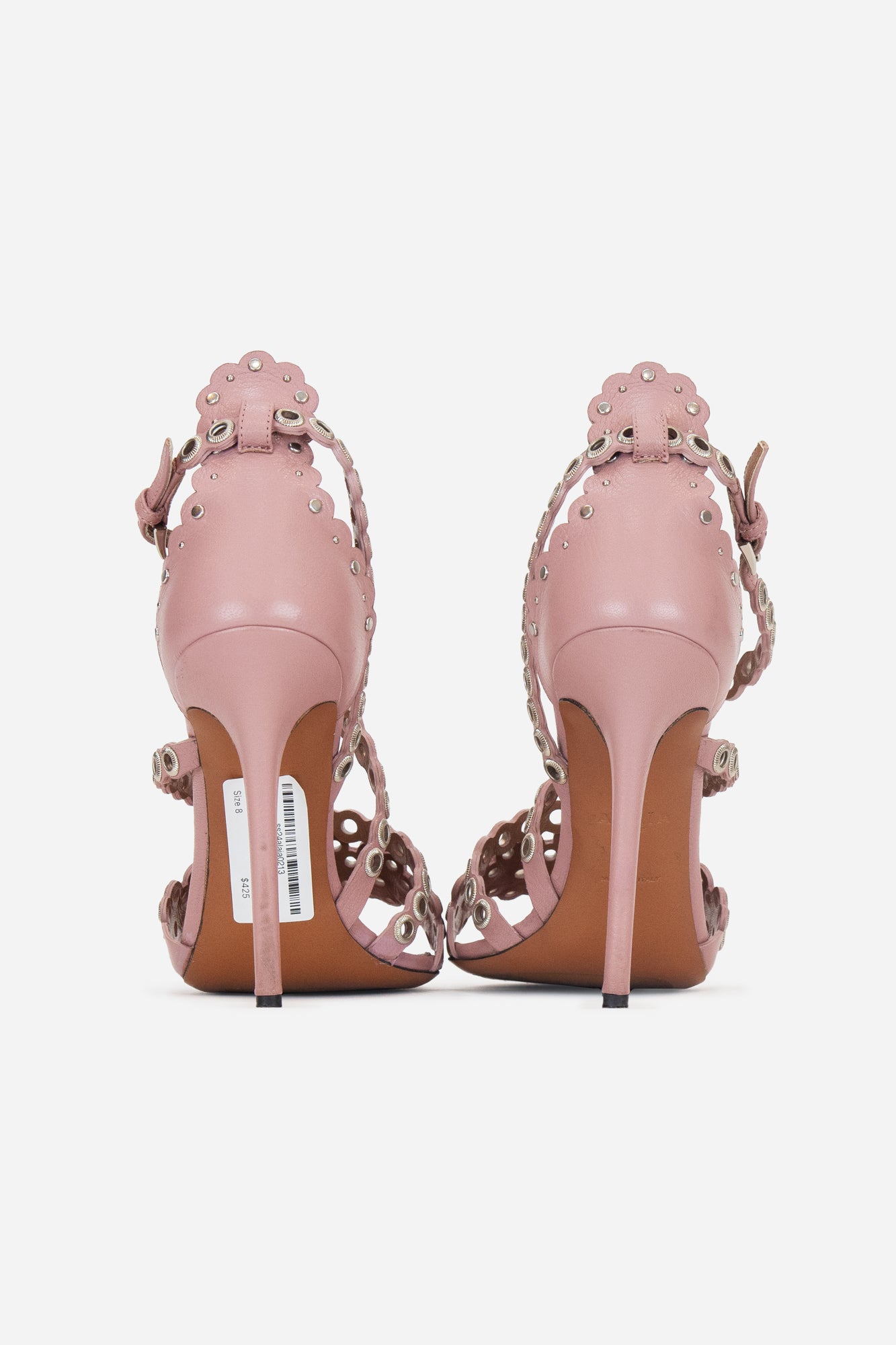 Pink Grommet Crisscross Leather Heels