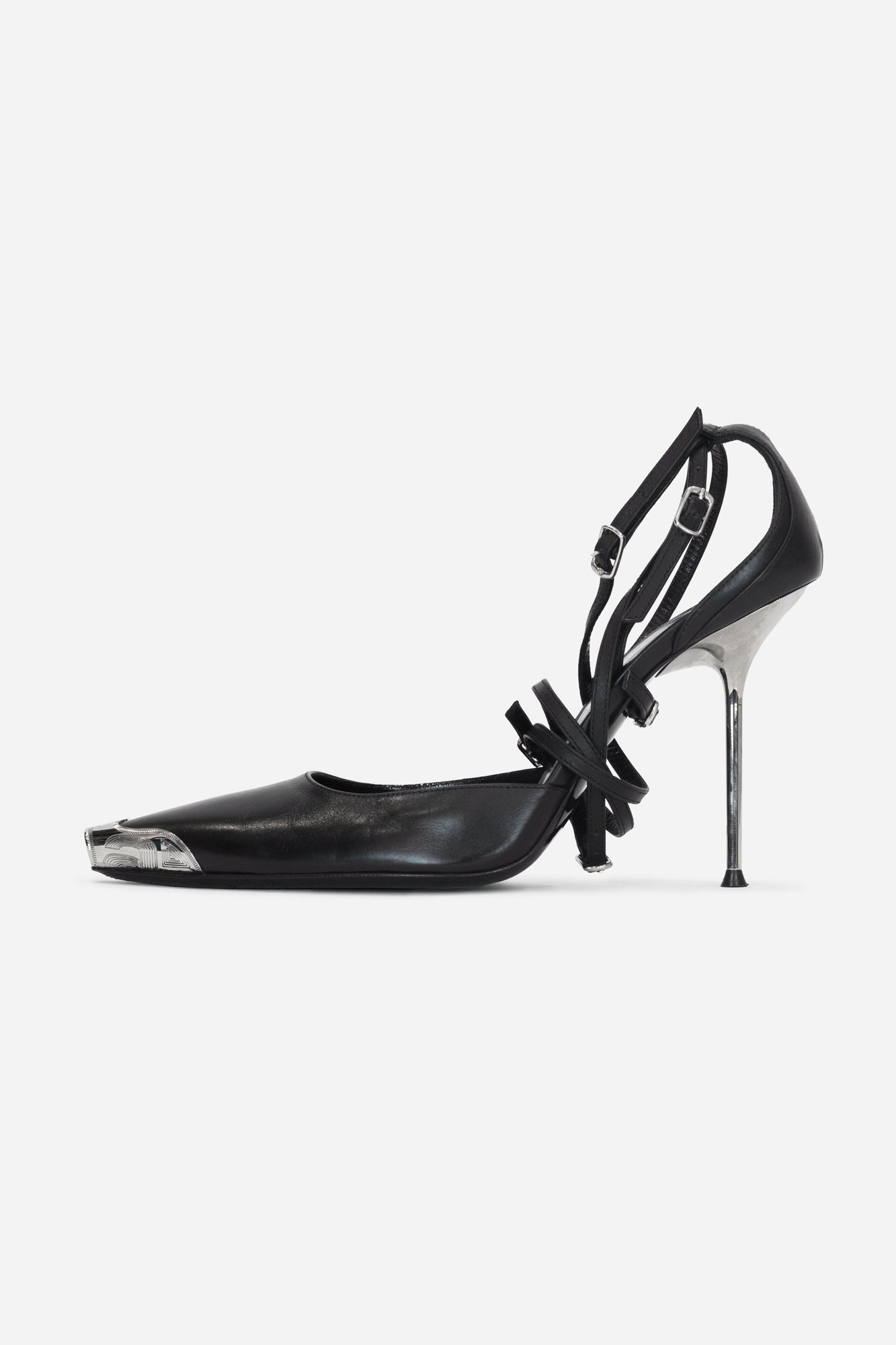 Black Silver Plated Point Toe Heals With Strappy Ankle