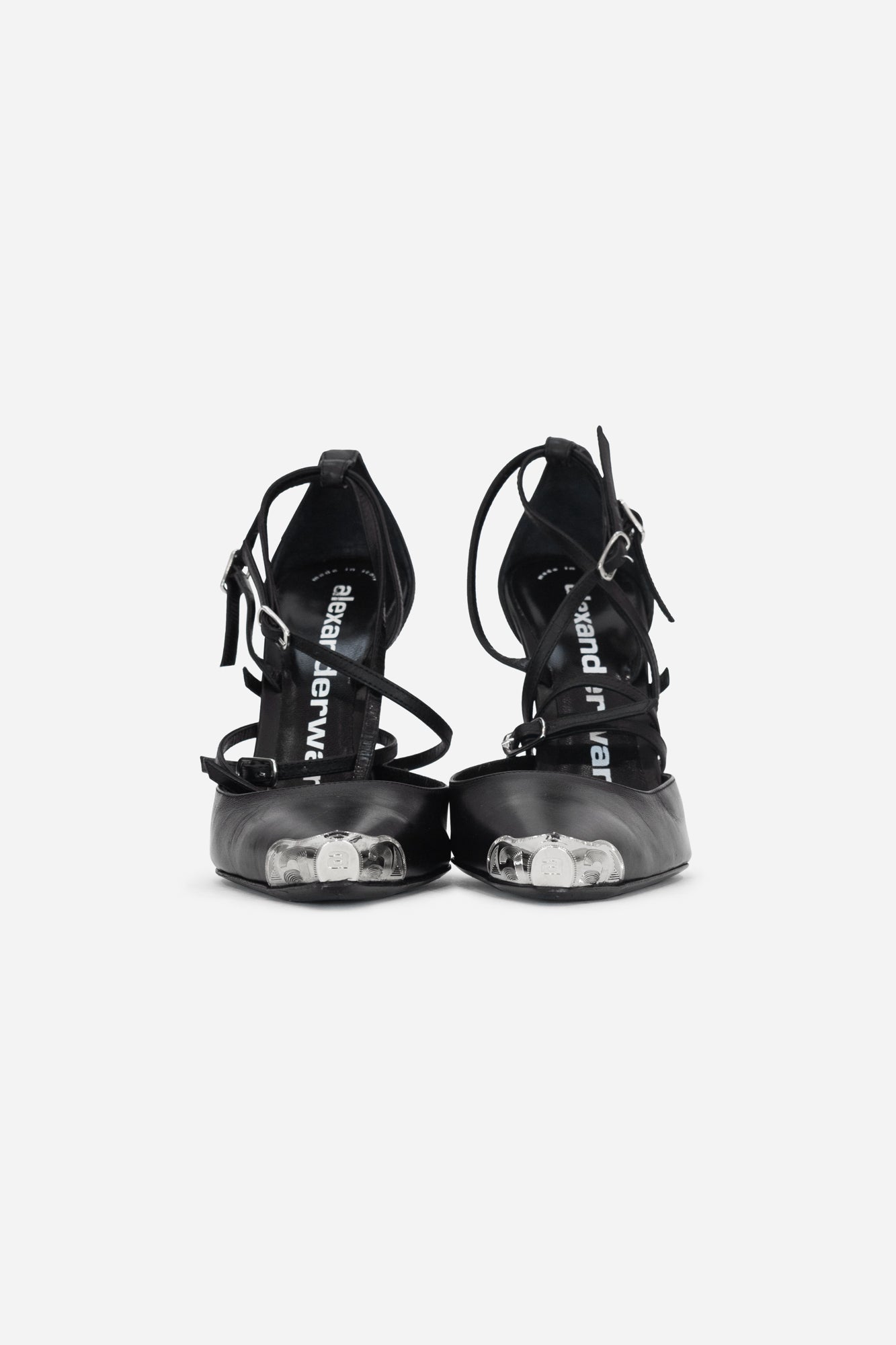 Black Silver Plated Point Toe Heals With Strappy Ankle