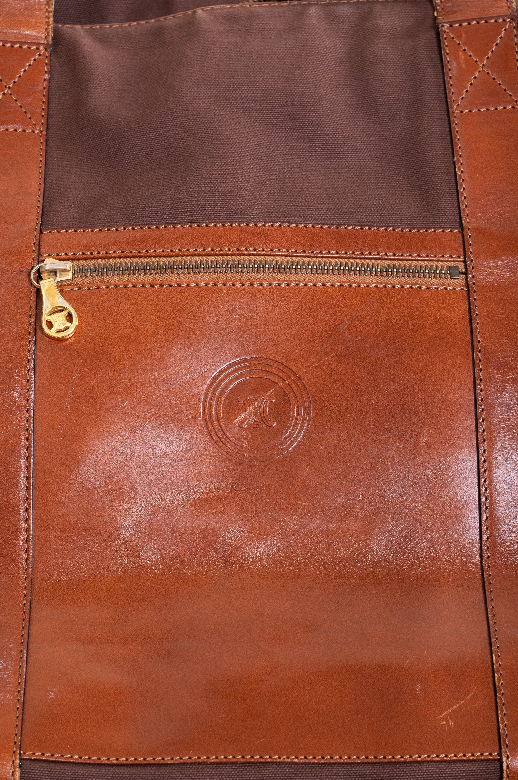 Extra Large Brown Canvas With Leather Detail Zipper Tote