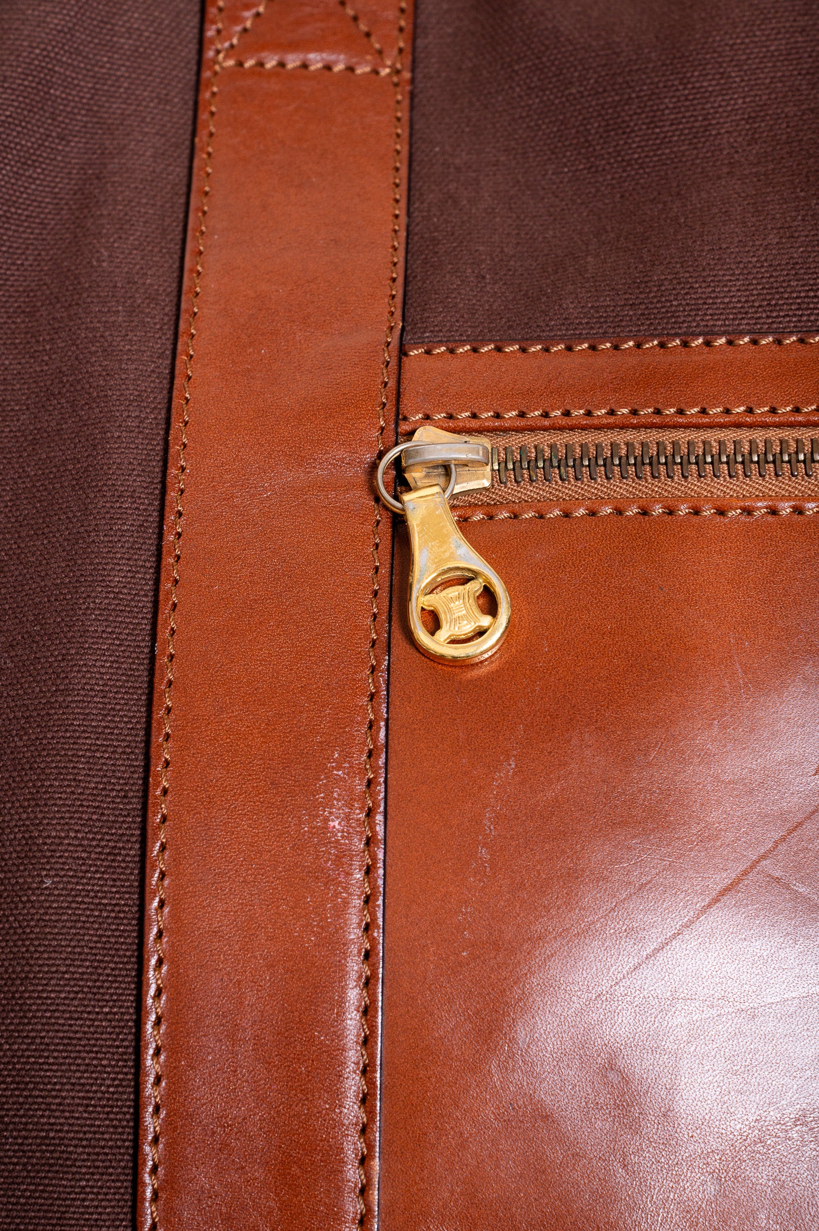 Extra Large Brown Canvas With Leather Detail Zipper Tote