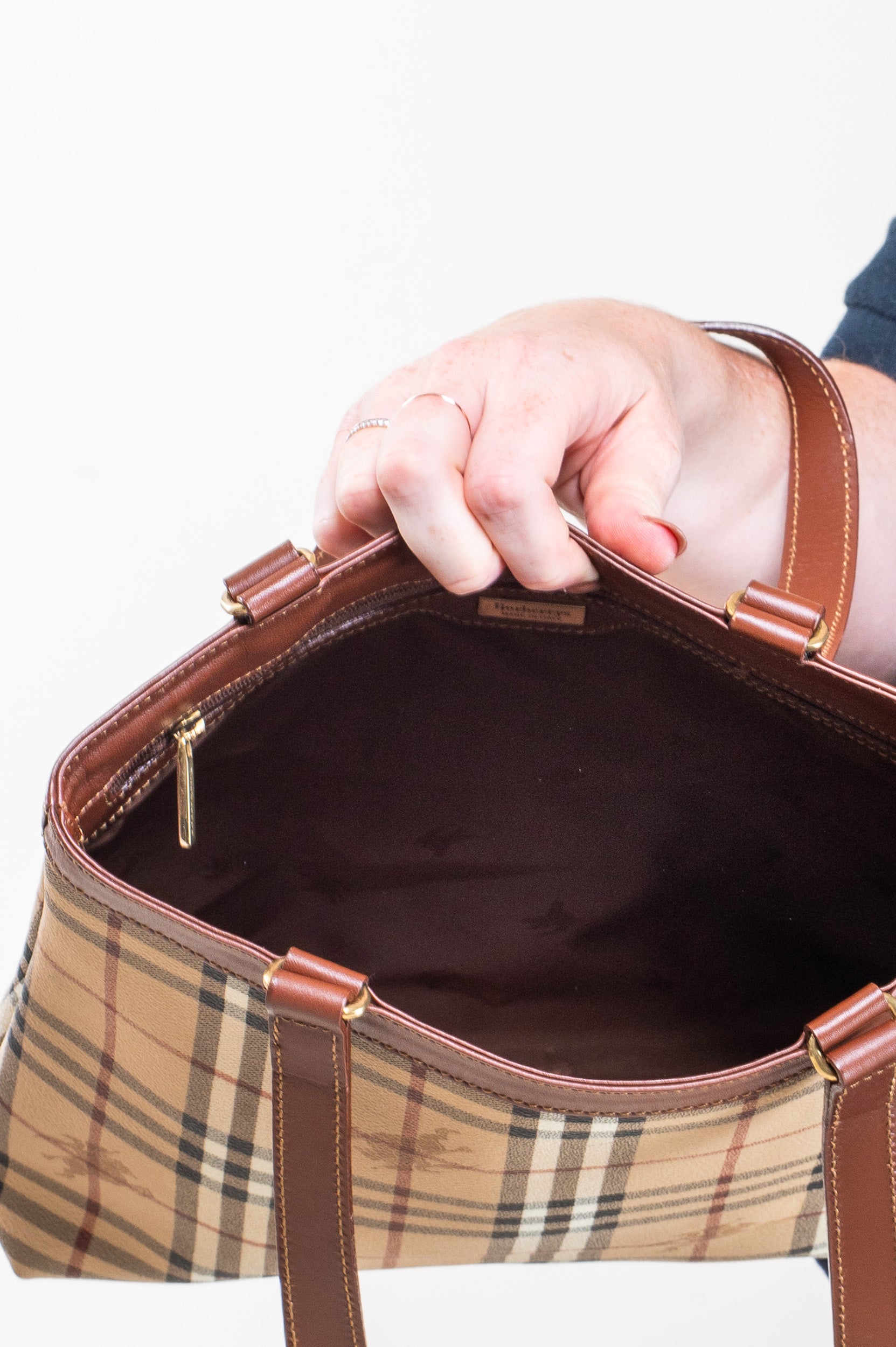 Inside view of Burberry Vintage Nova Check Tote Bag