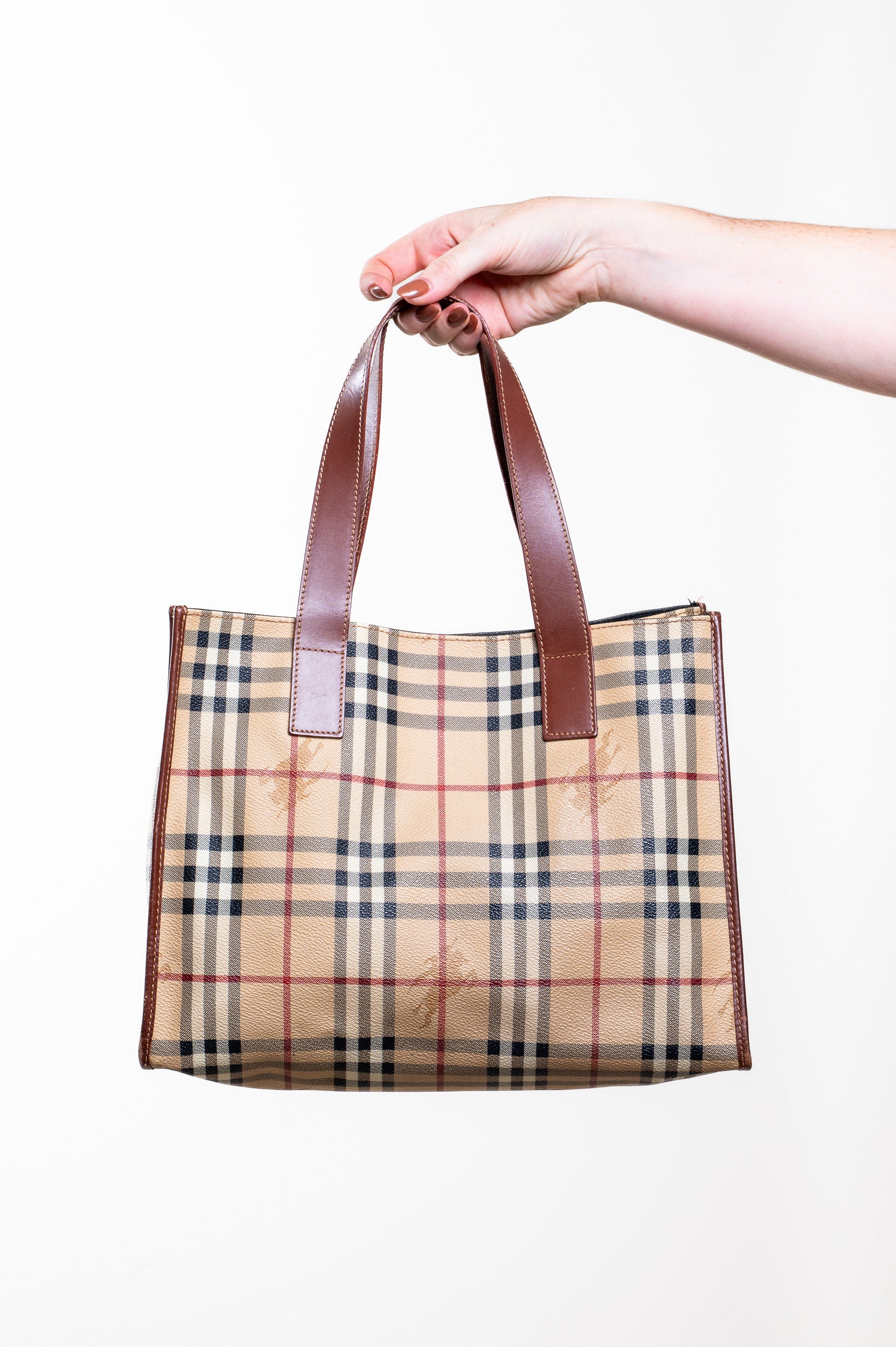 Front view of Burberry Vintage Beige Nova Check Tote Bag