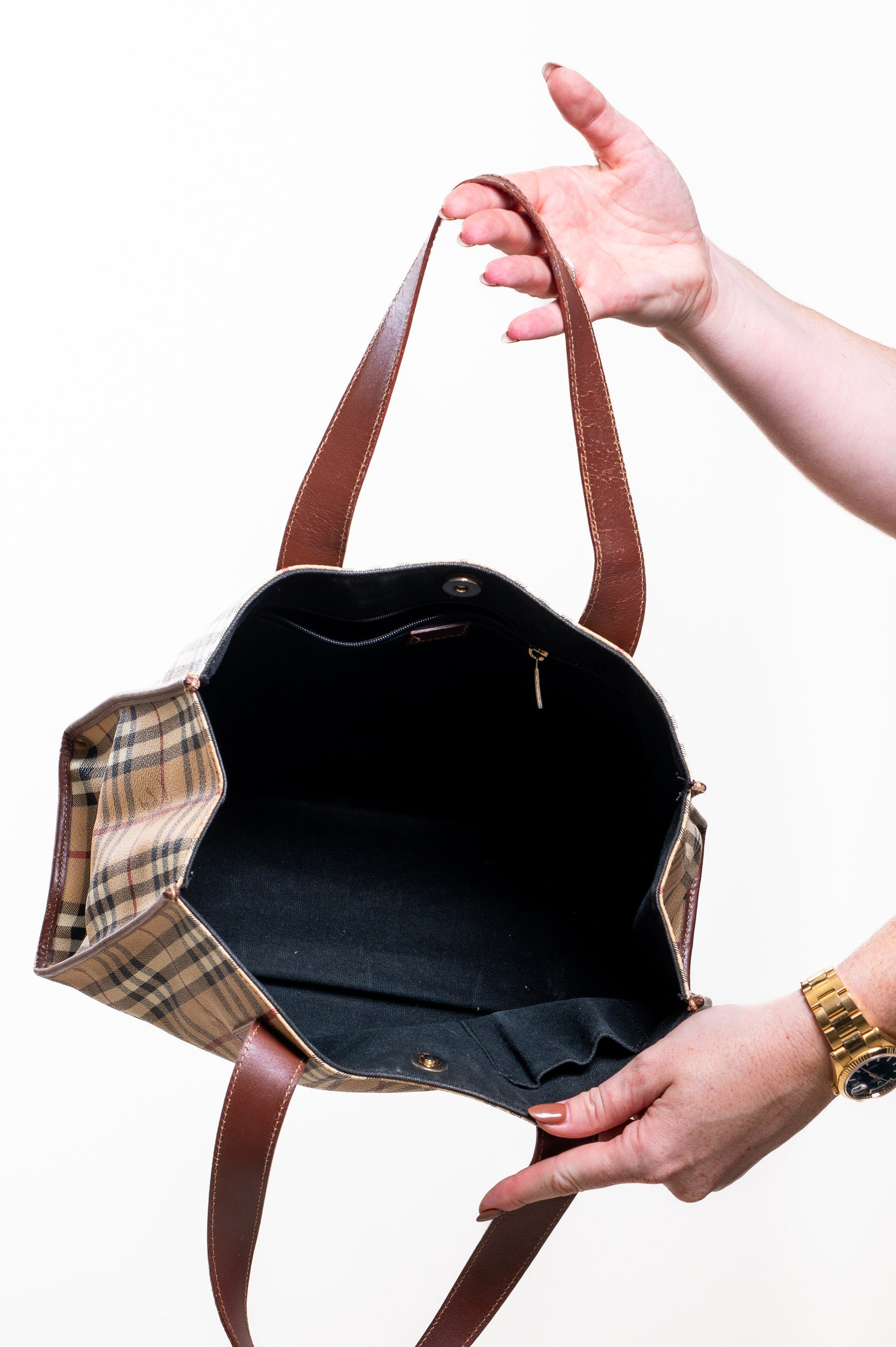 Inside view of Burberry Vintage Beige Nova Check Tote Bag