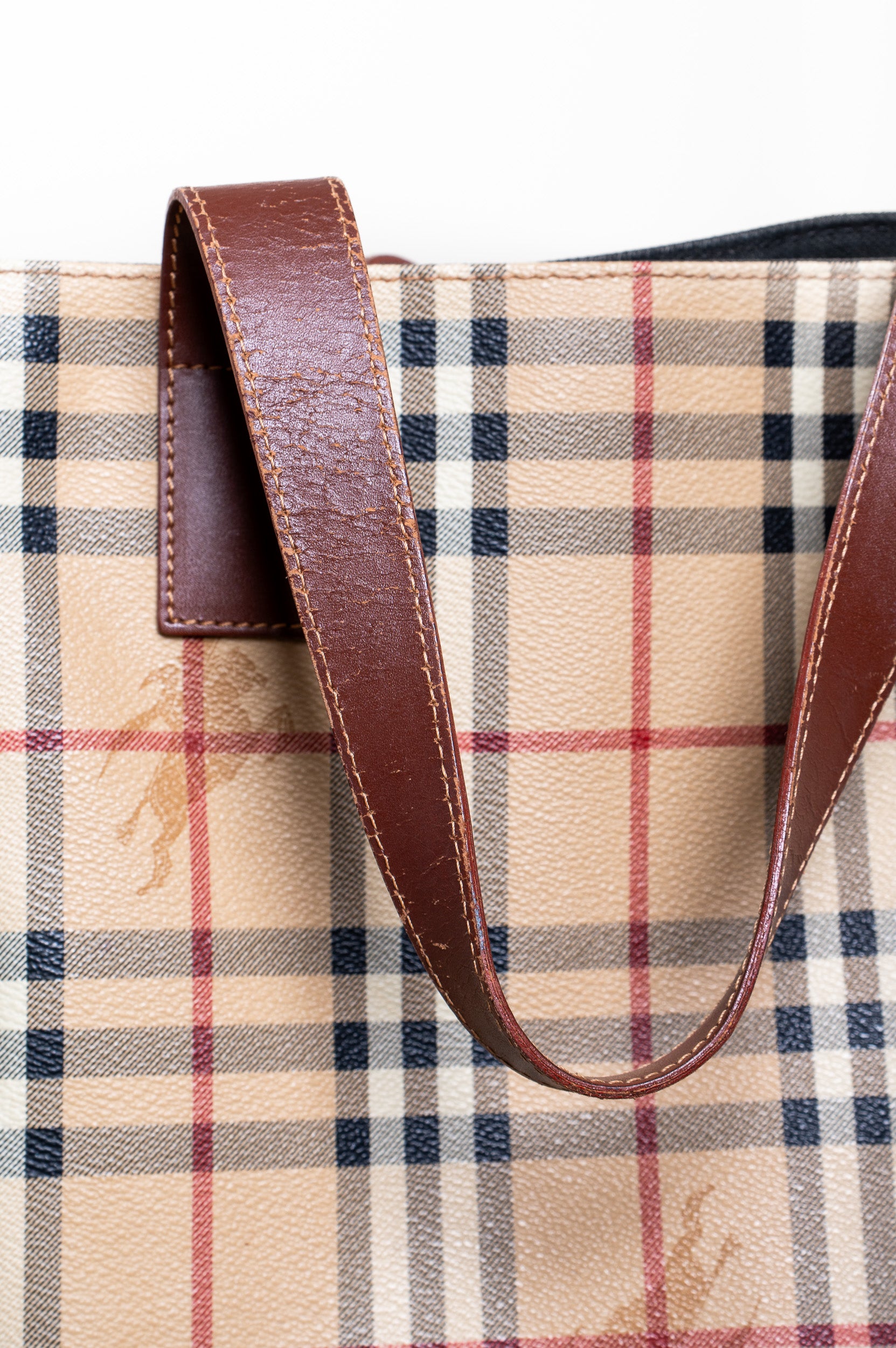 Close-up view of Burberry Vintage Beige Nova Check Tote Bag