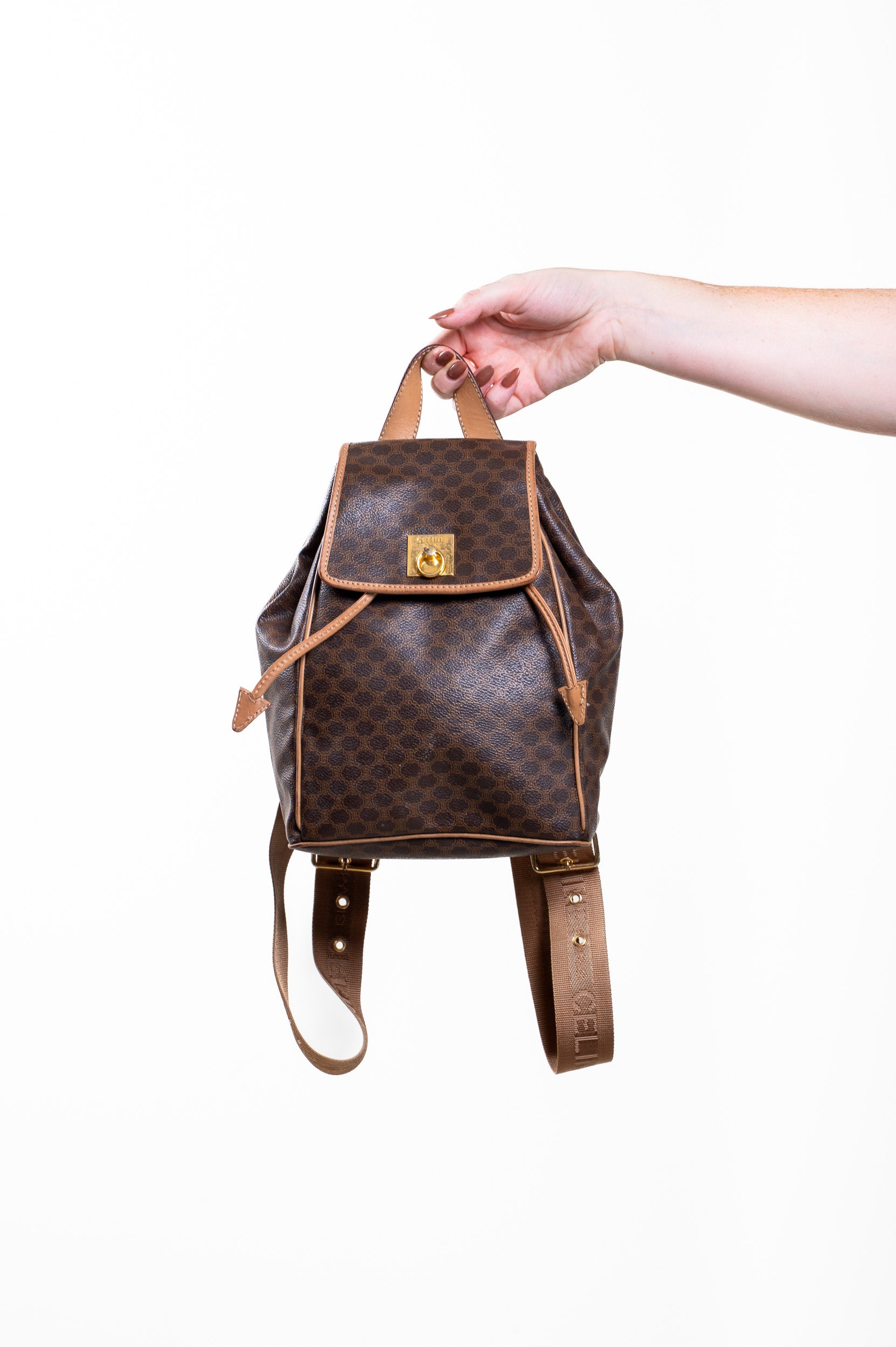 Front view of Celine Vintage Macadam Coated Canvas Backpack
