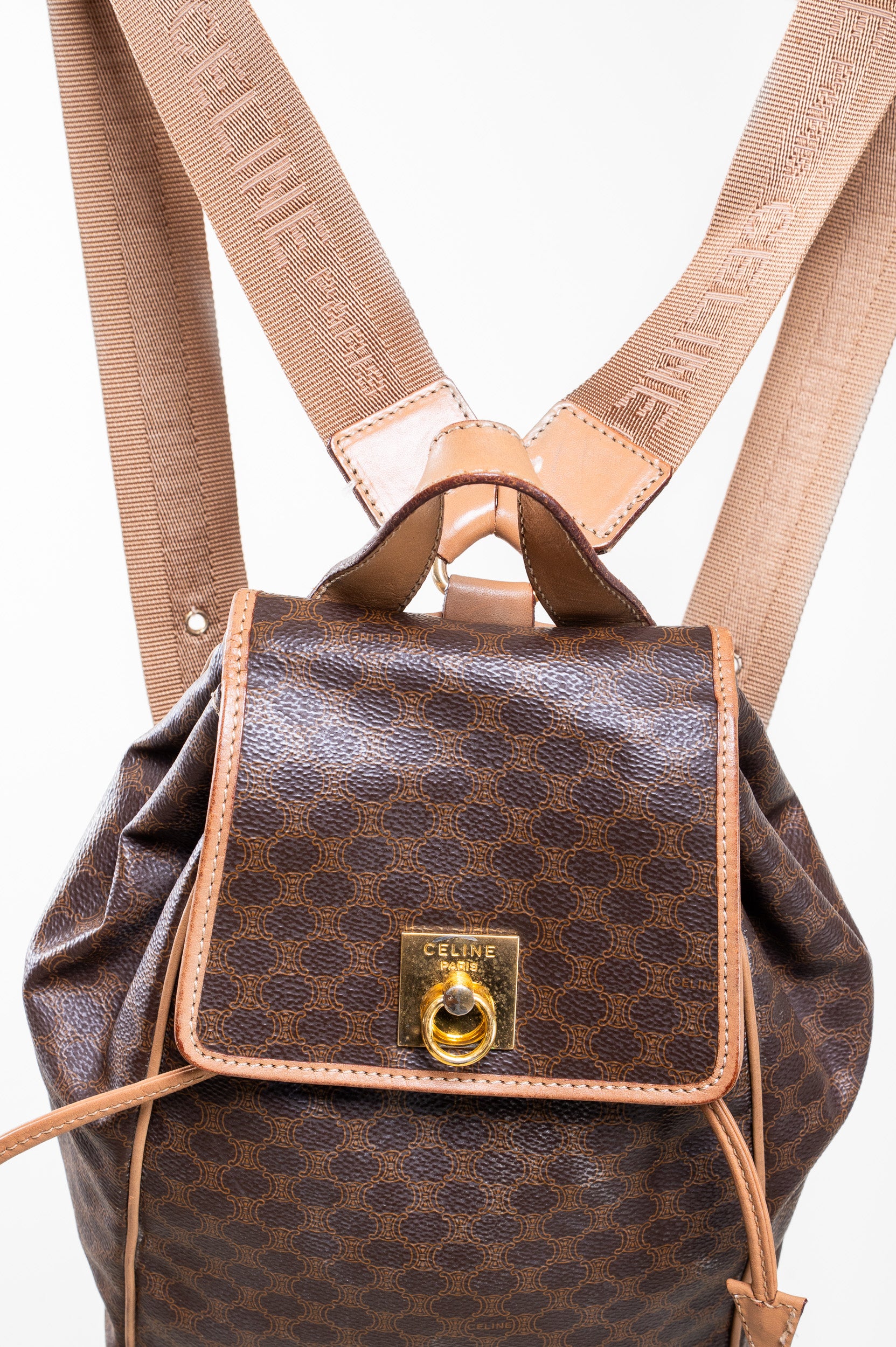 Close-up view of Celine Vintage Macadam Canvas Backpack