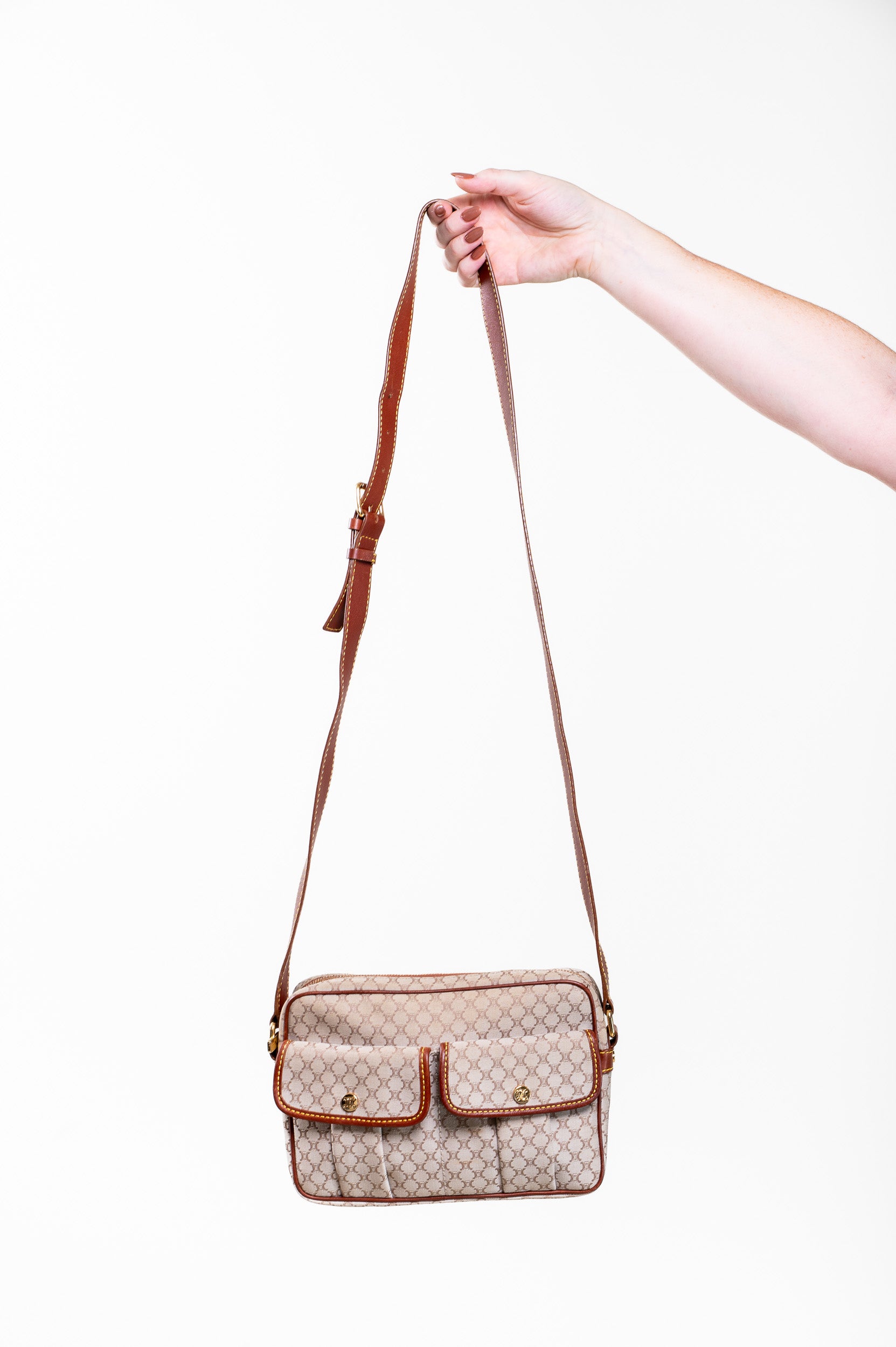 Front view of Celine Vintage Macadam Beige Canvas Shoulder Bag