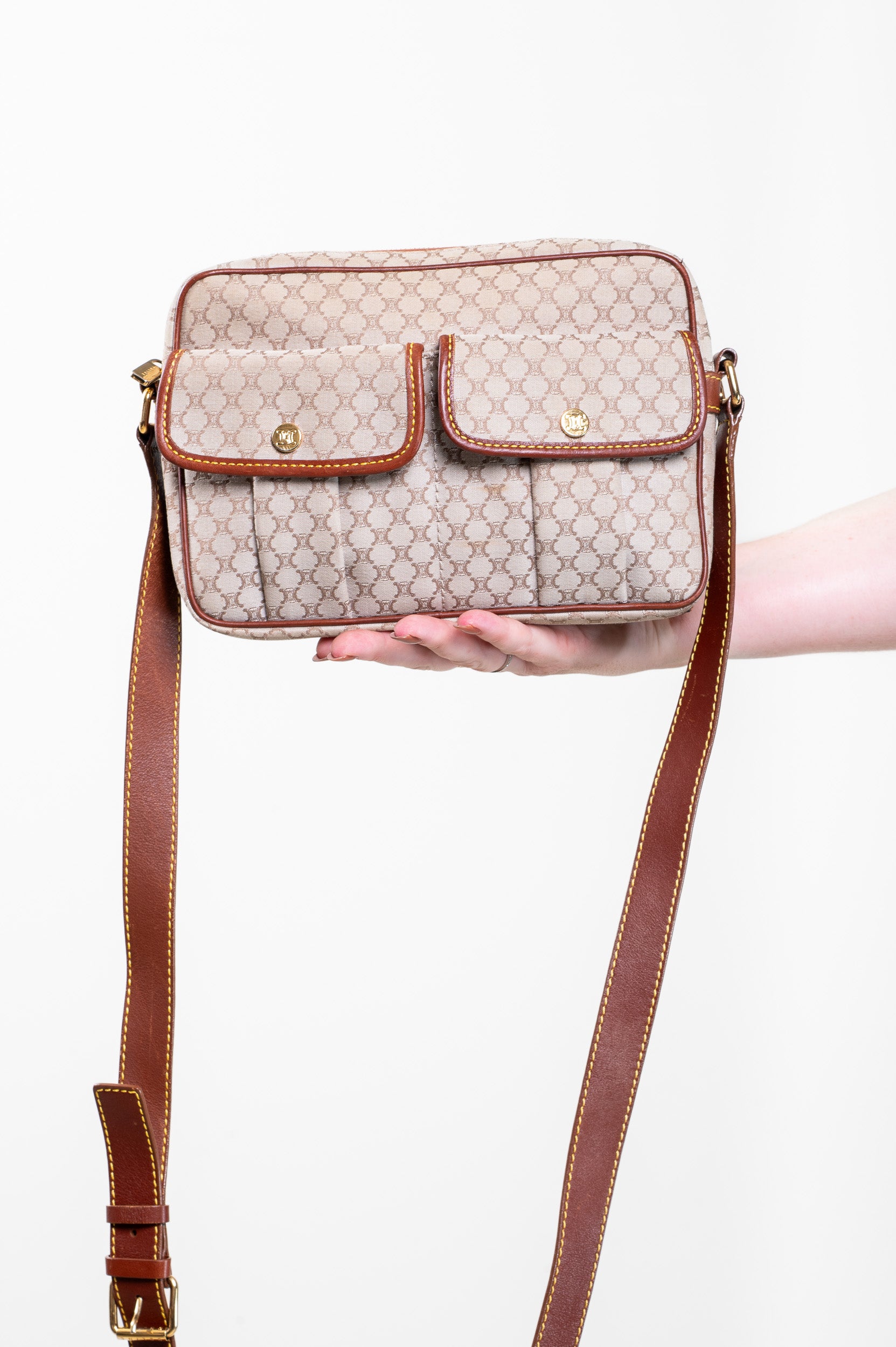 Additional front view of Celine Vintage Macadam Beige Canvas Shoulder Bag