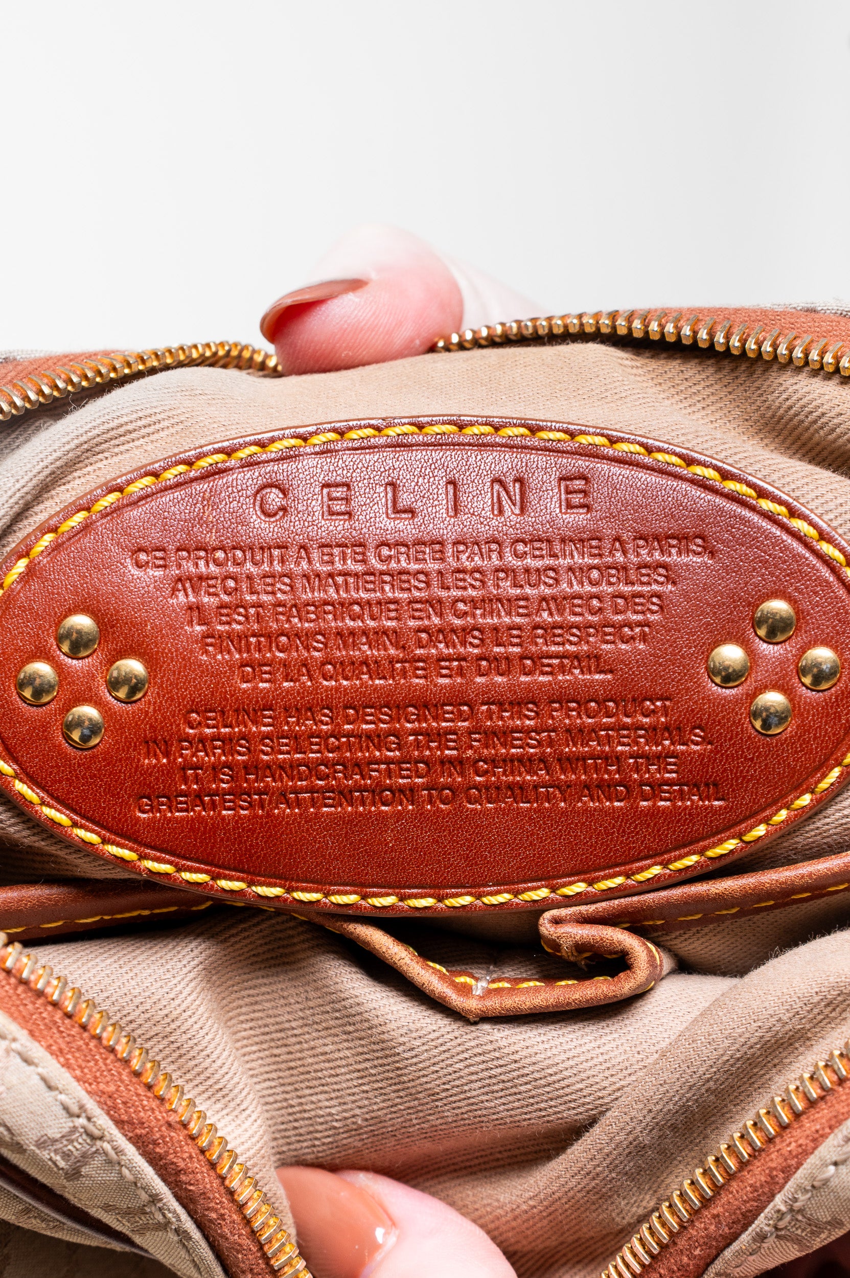 Interior view of Celine Vintage Macadam Beige Canvas Shoulder Bag