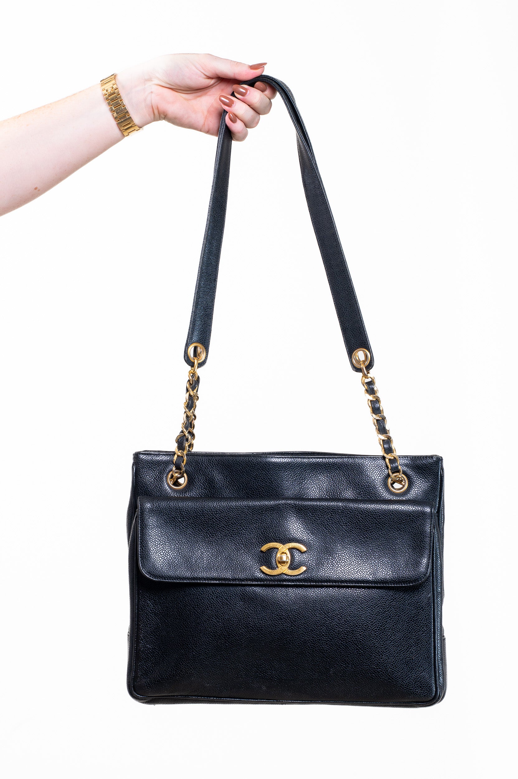 Vintage Big COCO Mark Chain Tote Bag Black Caviar w/ Gold