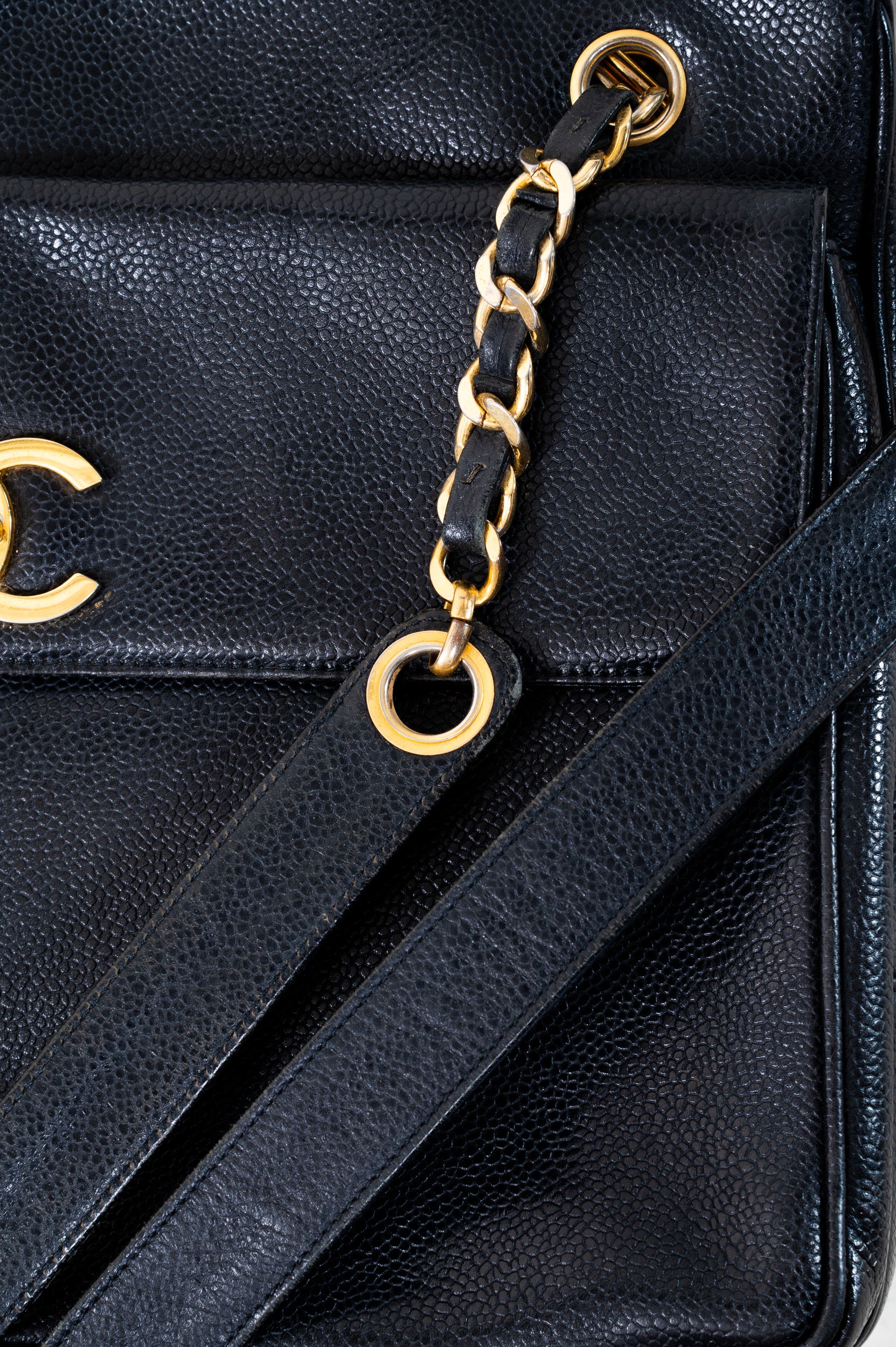 Vintage Big COCO Mark Chain Tote Bag Black Caviar w/ Gold