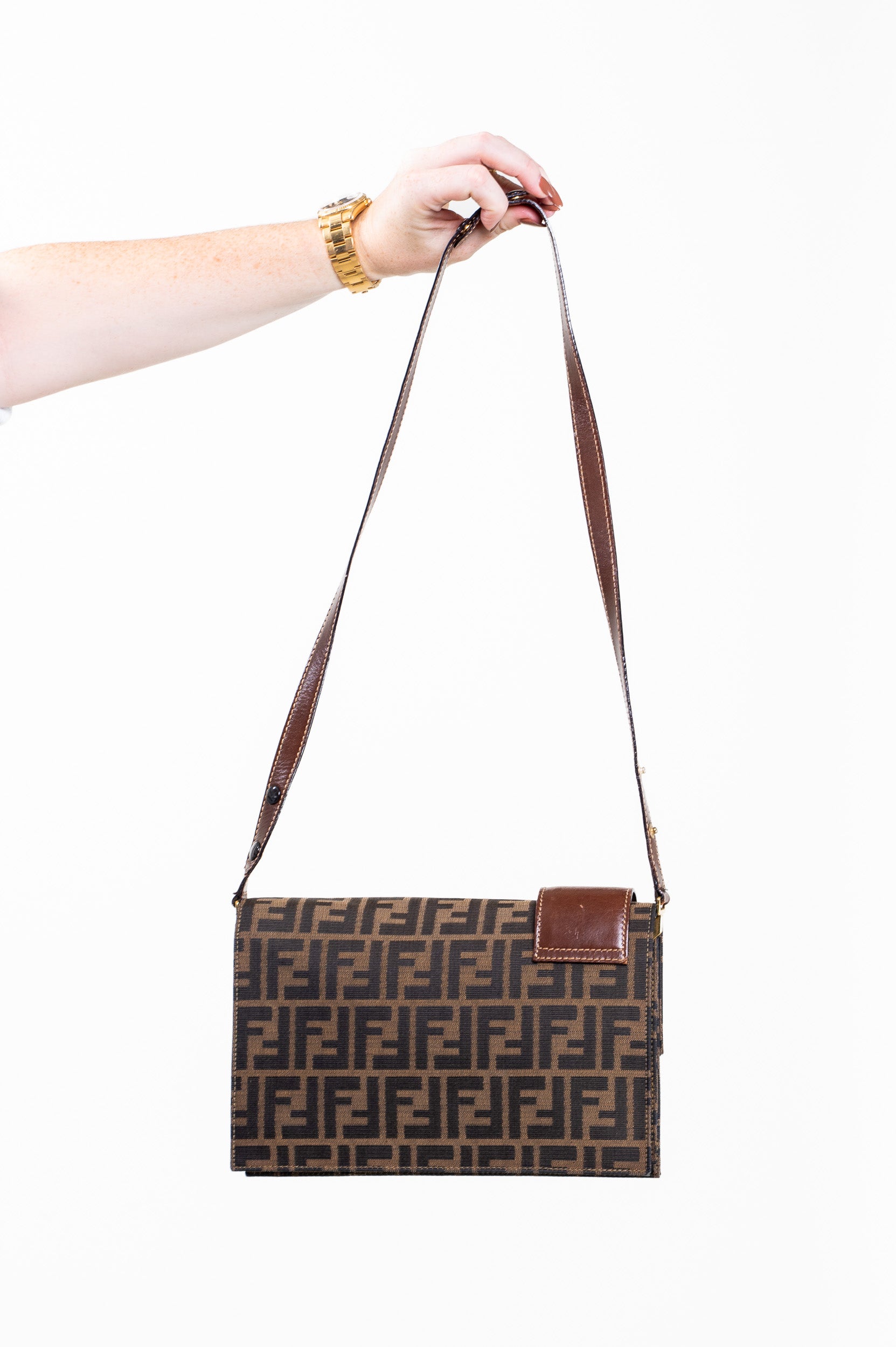 Vintage Brown Zucca Canvas Shoulder Bag with Gold Logo