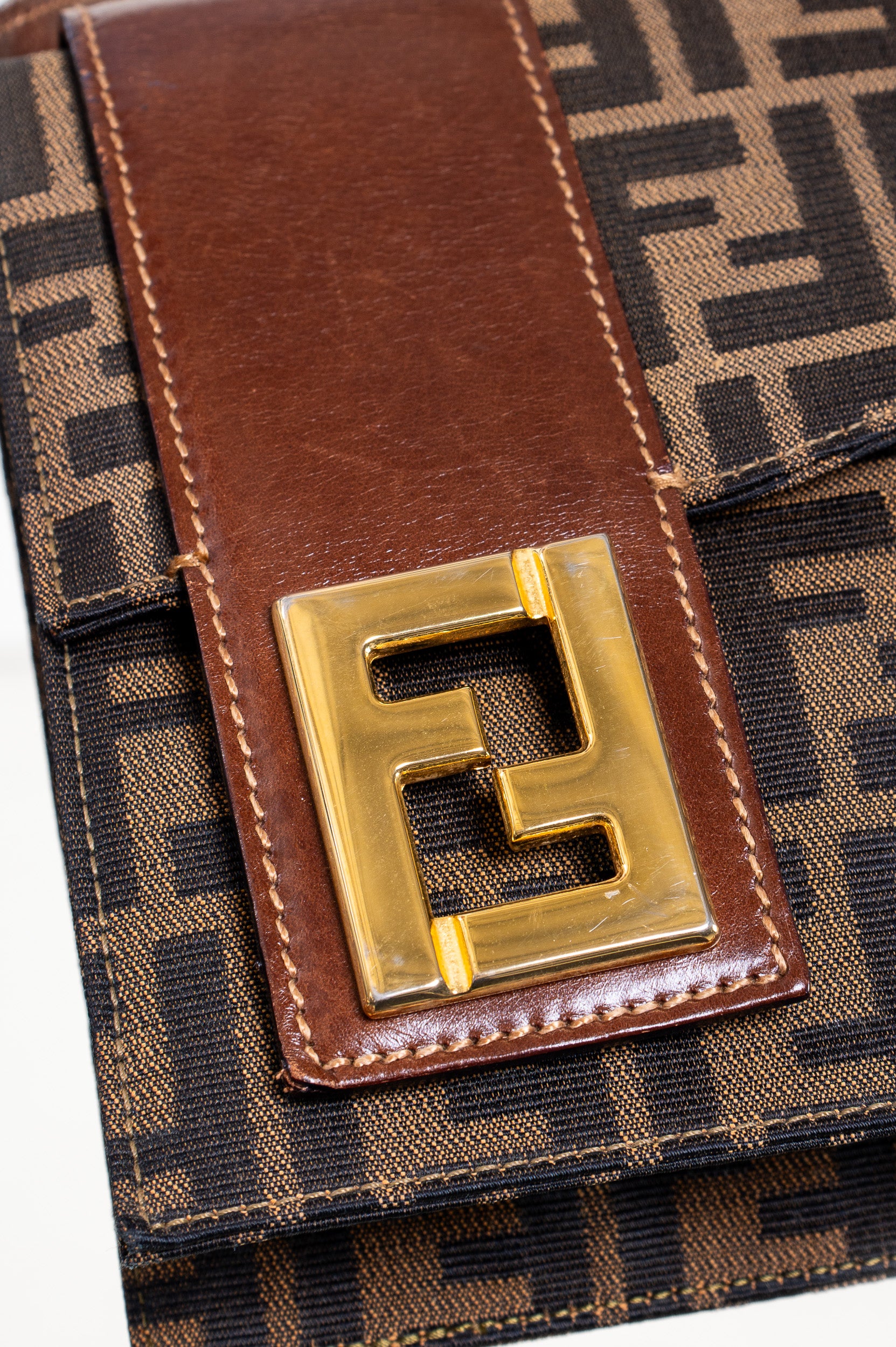 Vintage Brown Zucca Canvas Shoulder Bag with Gold Logo