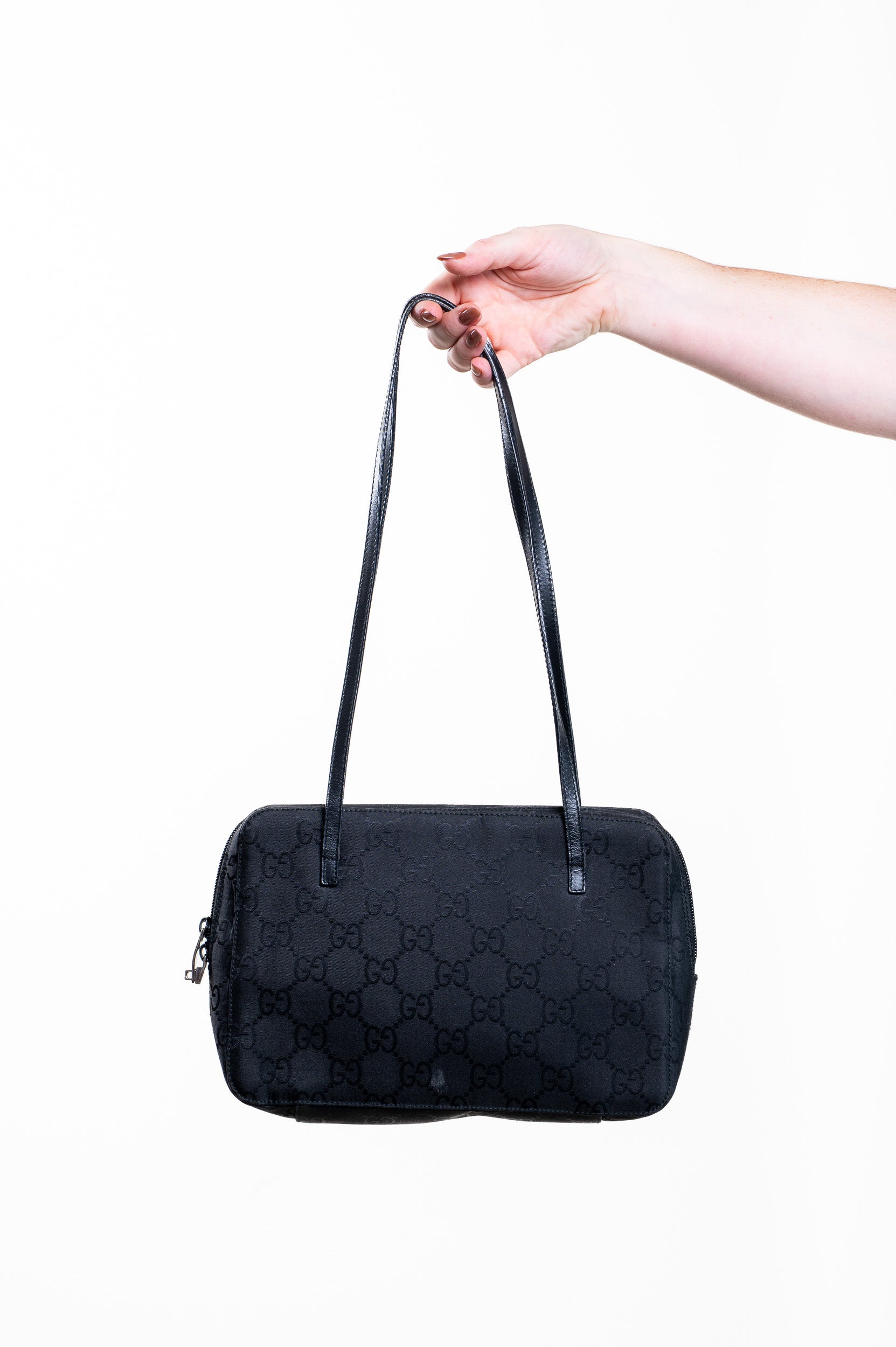Vintage GG Canvas Shoulder Bag Nylon Black Silver