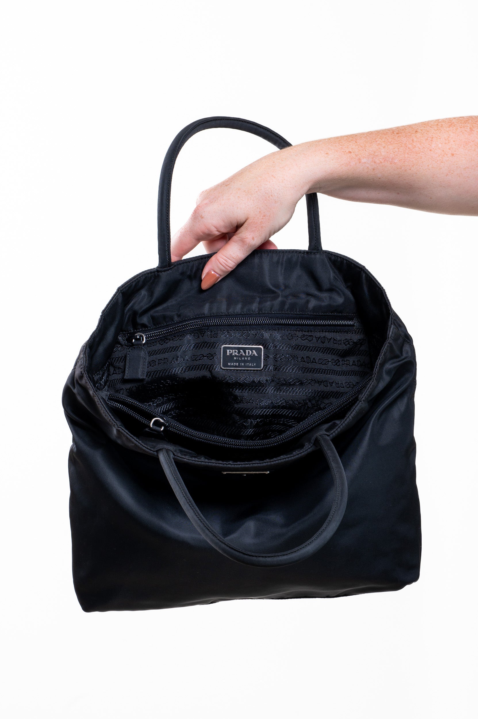 Vintage Black Nylon Tote Bag w/ Silver Hardware