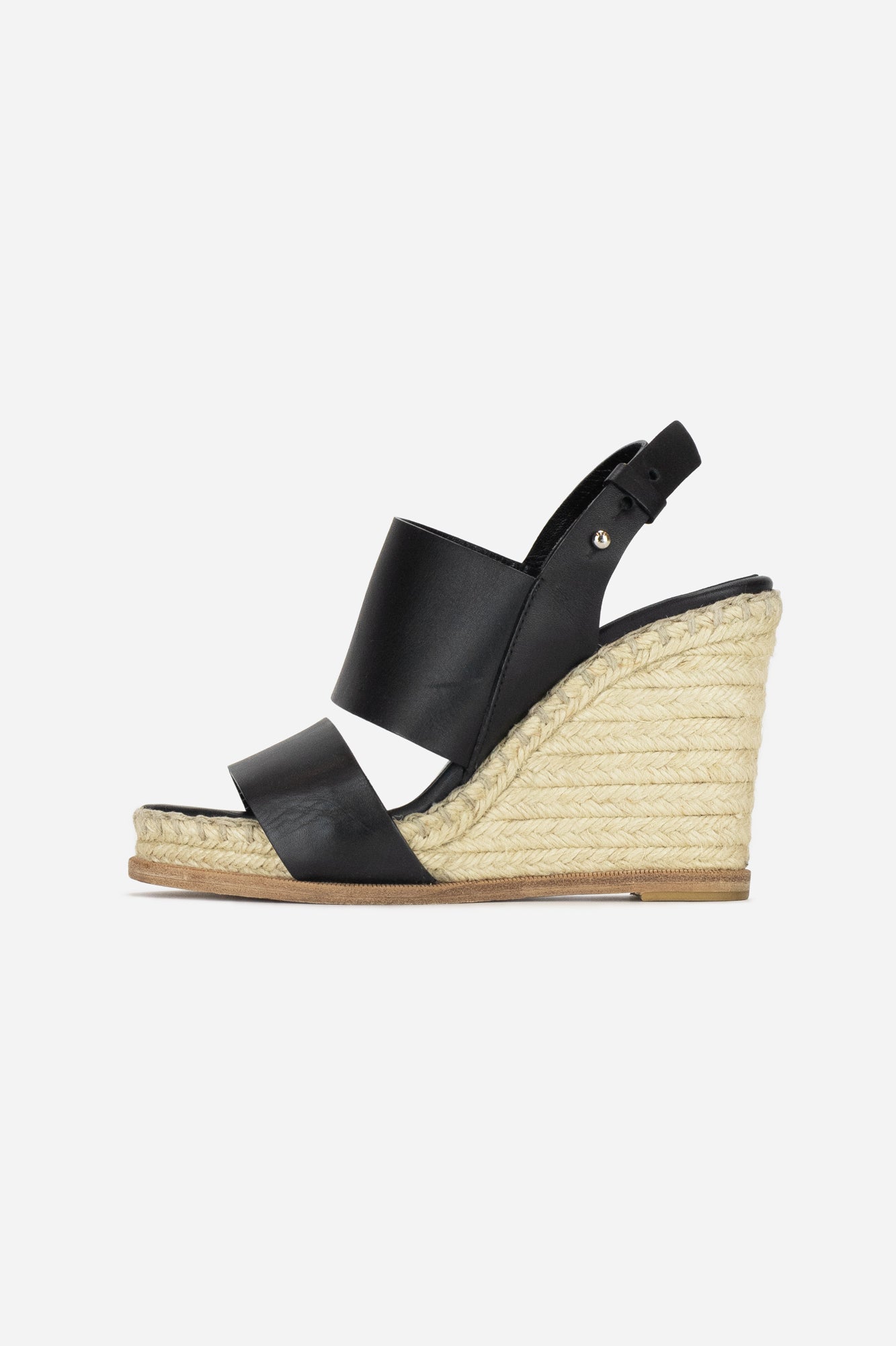 Black Leather and Raffia Wedge Sandals